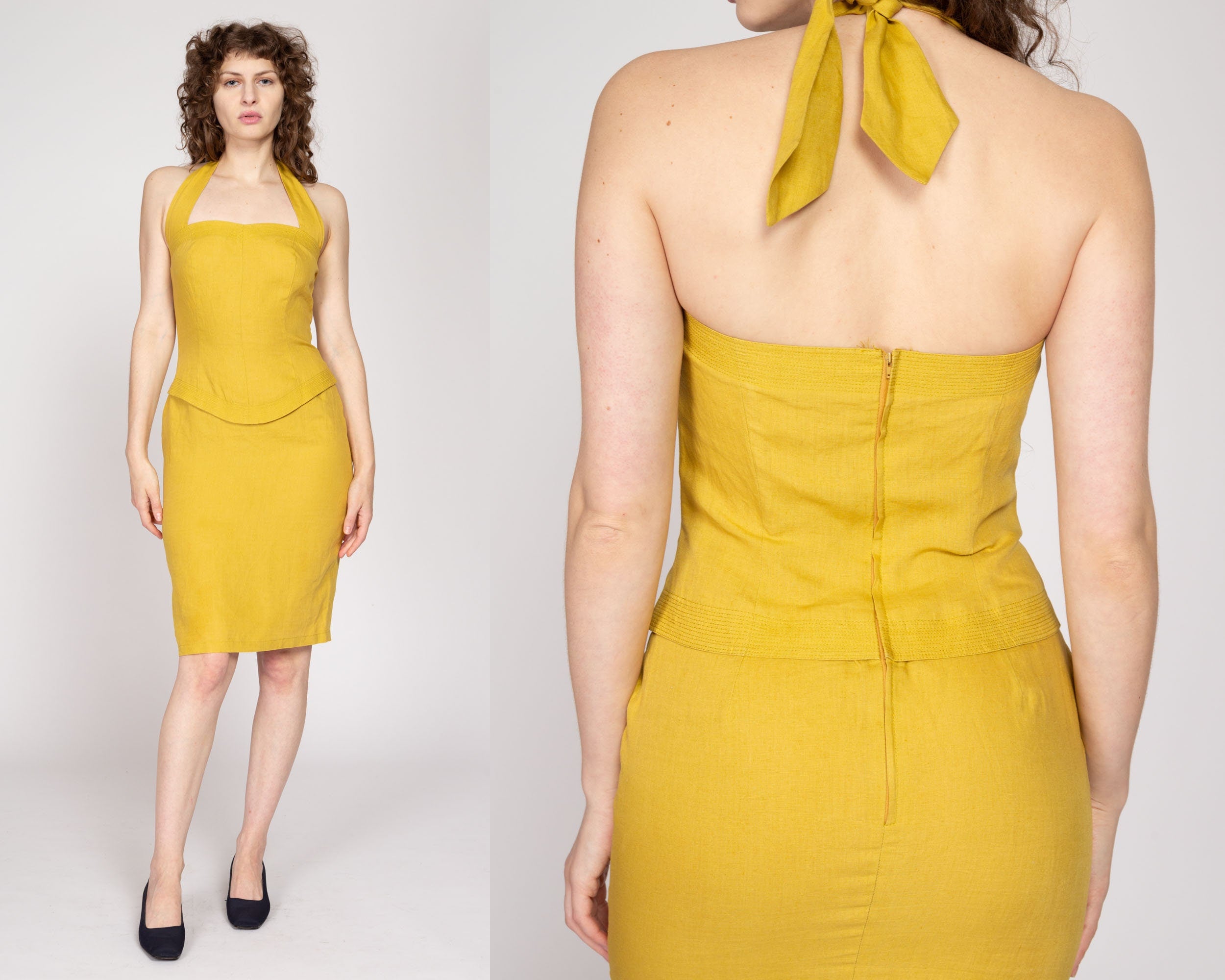 1970's Sunny Yellow Eyelet Poly 2024 Cotton Halter Dress I Sz SM I Daffy Ca.