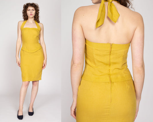 Small 90s Mustard Yellow Linen Halter Dress | Vintage Fitted Cocktail Party Mini Dress