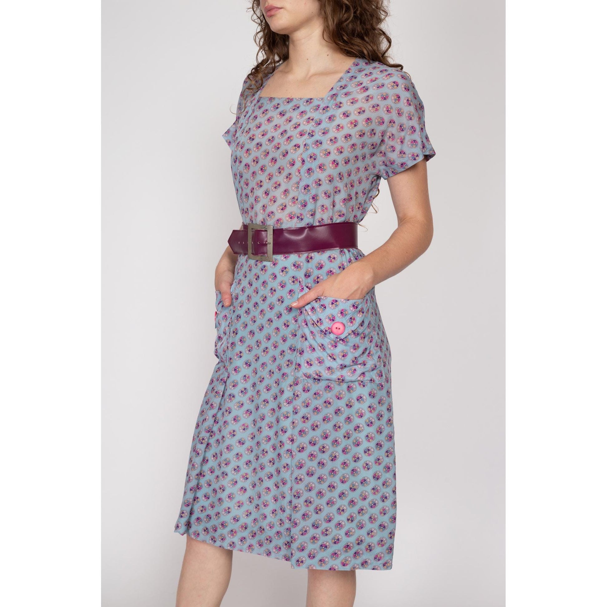 Medium 1930s Style Blue Pinwheel Print Midi Shirtdress | Retro 70s Does 30s 40s Square Neck Short Sleeve Day Dress