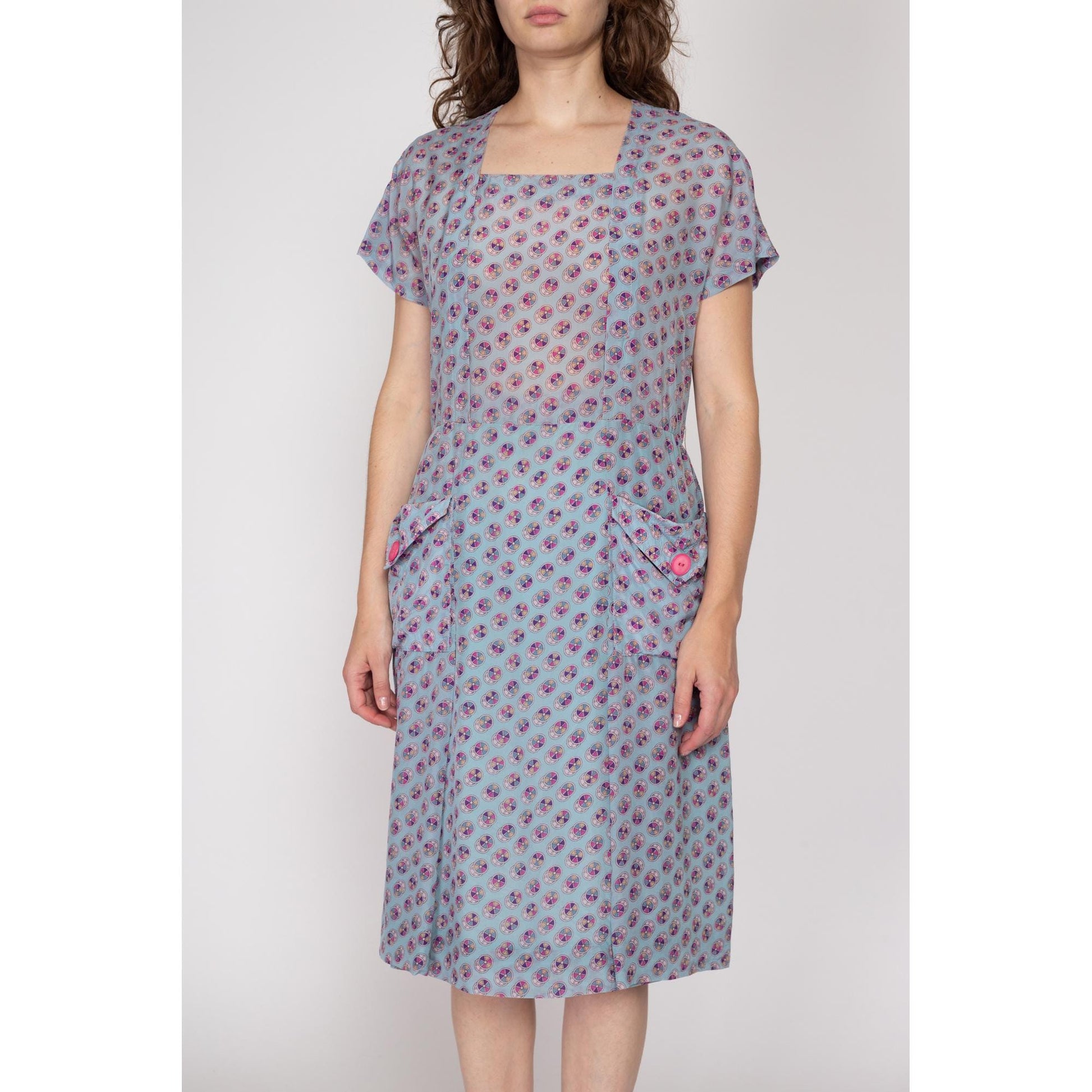 Medium 1930s Style Blue Pinwheel Print Midi Shirtdress | Retro 70s Does 30s 40s Square Neck Short Sleeve Day Dress