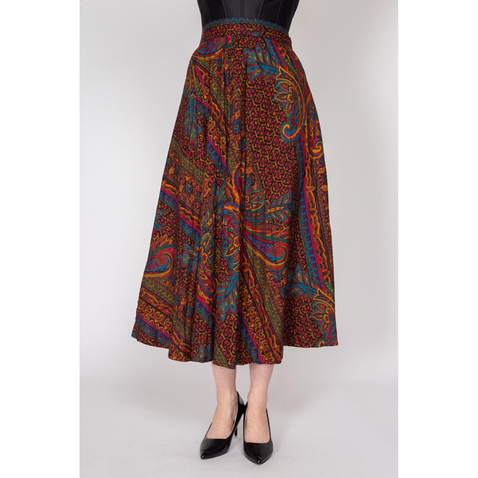 Large 80s Baroque Jewel Tone Floral Maxi Skirt | Vintage High Waisted A Line Boho Skirt