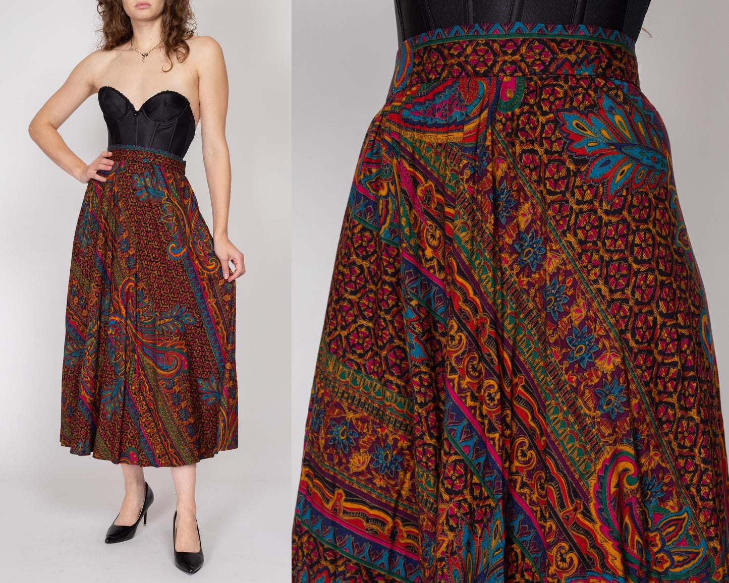 Large 80s Baroque Jewel Tone Floral Maxi Skirt | Vintage High Waisted A Line Boho Skirt