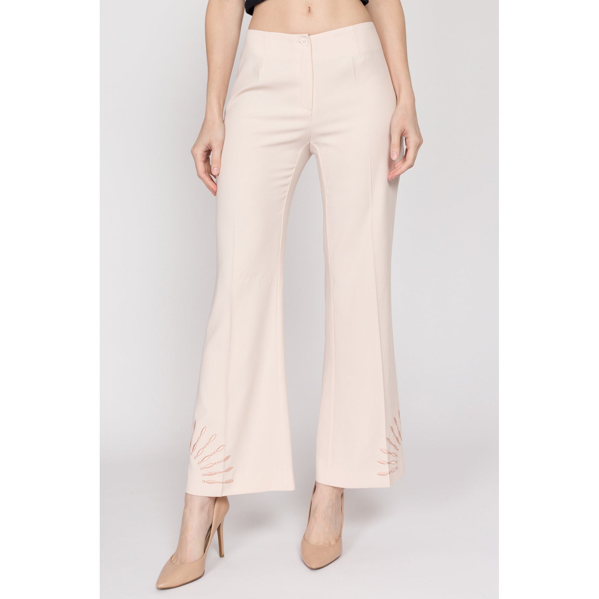 Small Y2K Blush Pink Embroidered Sunbeam Trousers | Vintage Mid Rise Flared Pants