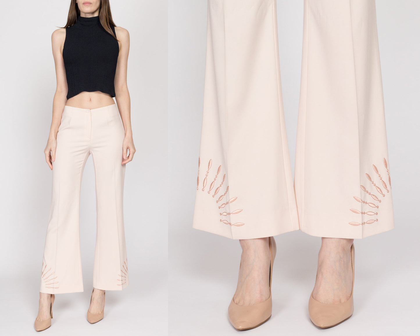 Small Y2K Blush Pink Embroidered Sunbeam Trousers | Vintage Mid Rise Flared Pants