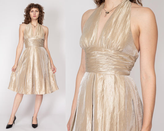 Medium 90s Adrianna Papell Champagne Shimmer Halter Party Dress | Vintage Fit & Flare Formal Satin Midi Dress
