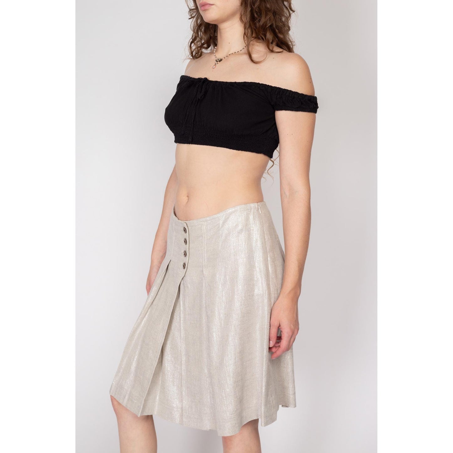 Small Y2K Gunex Silver Linen Pleated Skirt