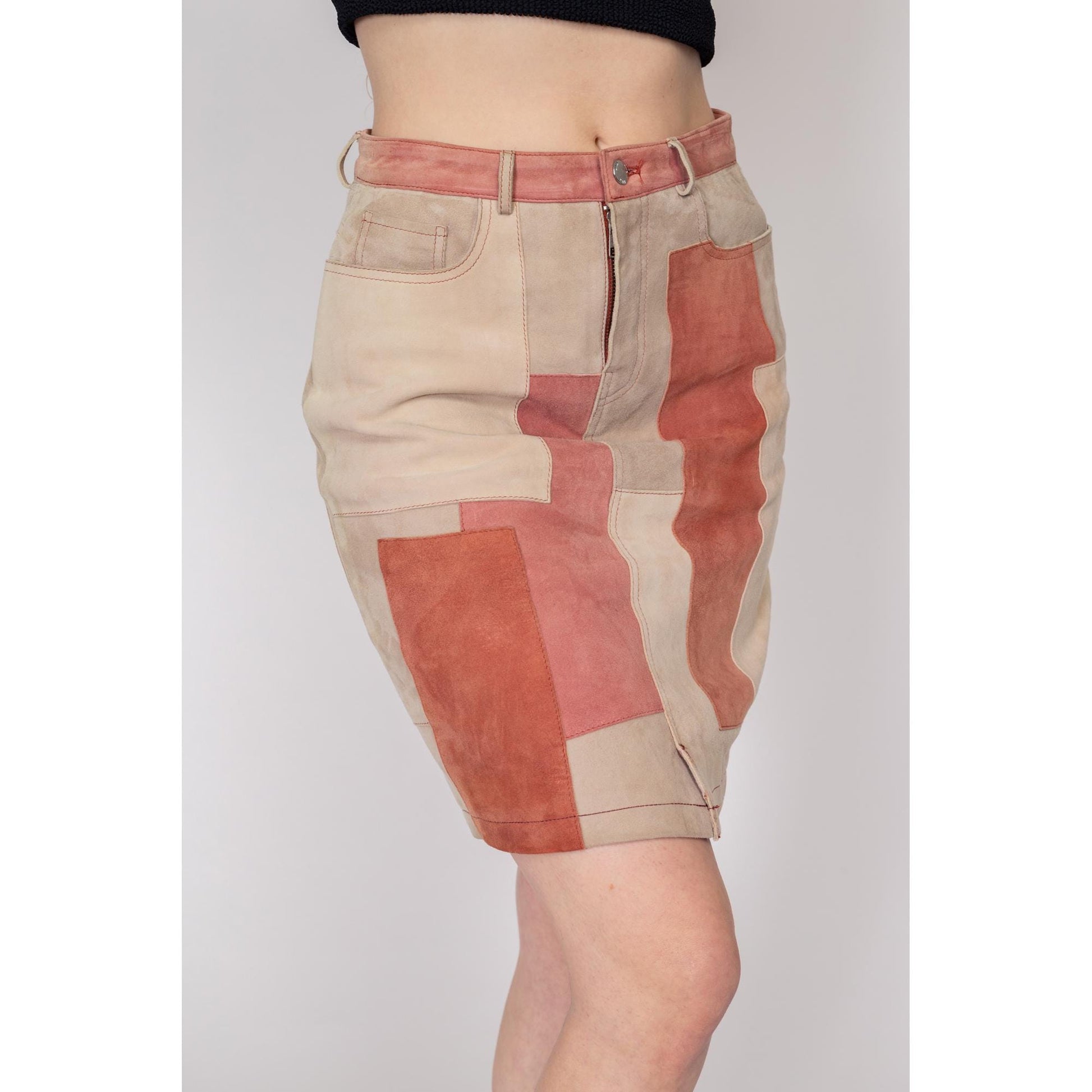 Medium Suede Patchwork Mini Skirt | Vintage High Waisted Pink Beige Leather Pencil Skirt