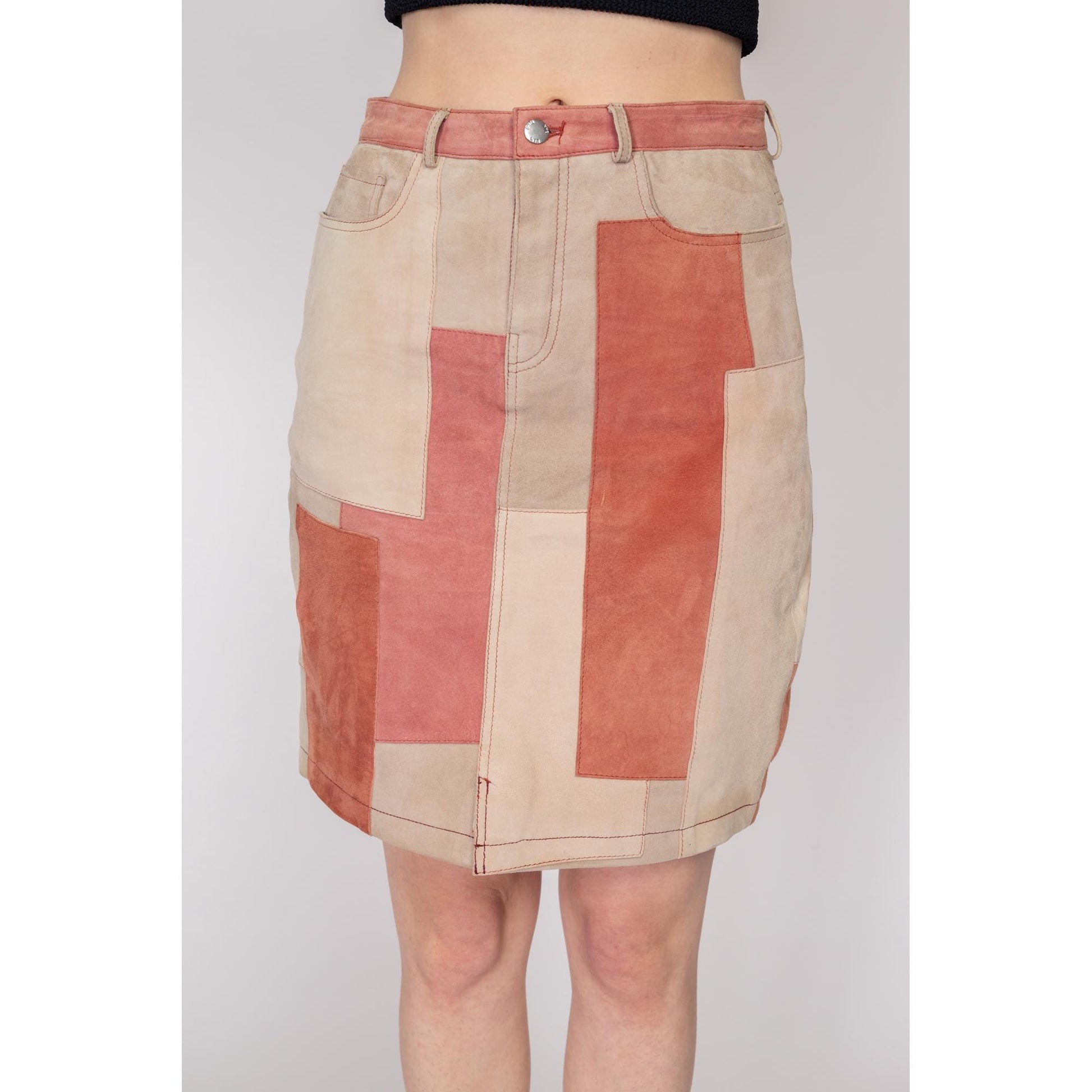 Medium Suede Patchwork Mini Skirt | Vintage High Waisted Pink Beige Leather Pencil Skirt