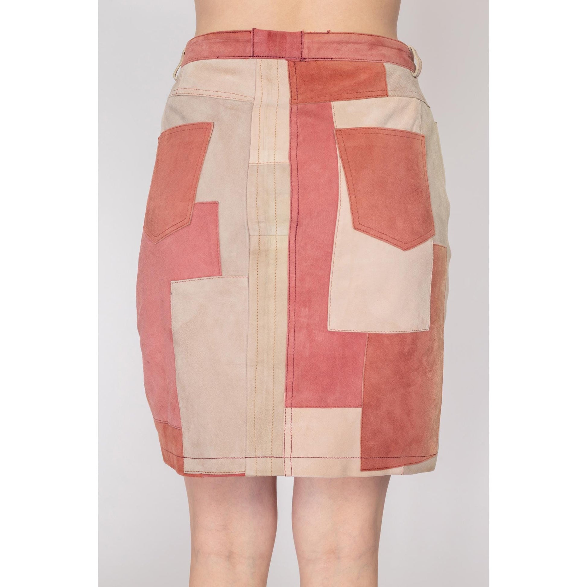 Medium Suede Patchwork Mini Skirt | Vintage High Waisted Pink Beige Leather Pencil Skirt