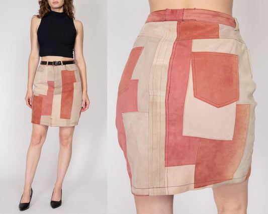 Medium Suede Patchwork Mini Skirt | Vintage High Waisted Pink Beige Leather Pencil Skirt