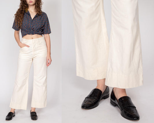 Sm-Med 70s Cream Flared Unisex Trousers 30" | Vintage Off-White High Waisted Flared Leg Pants