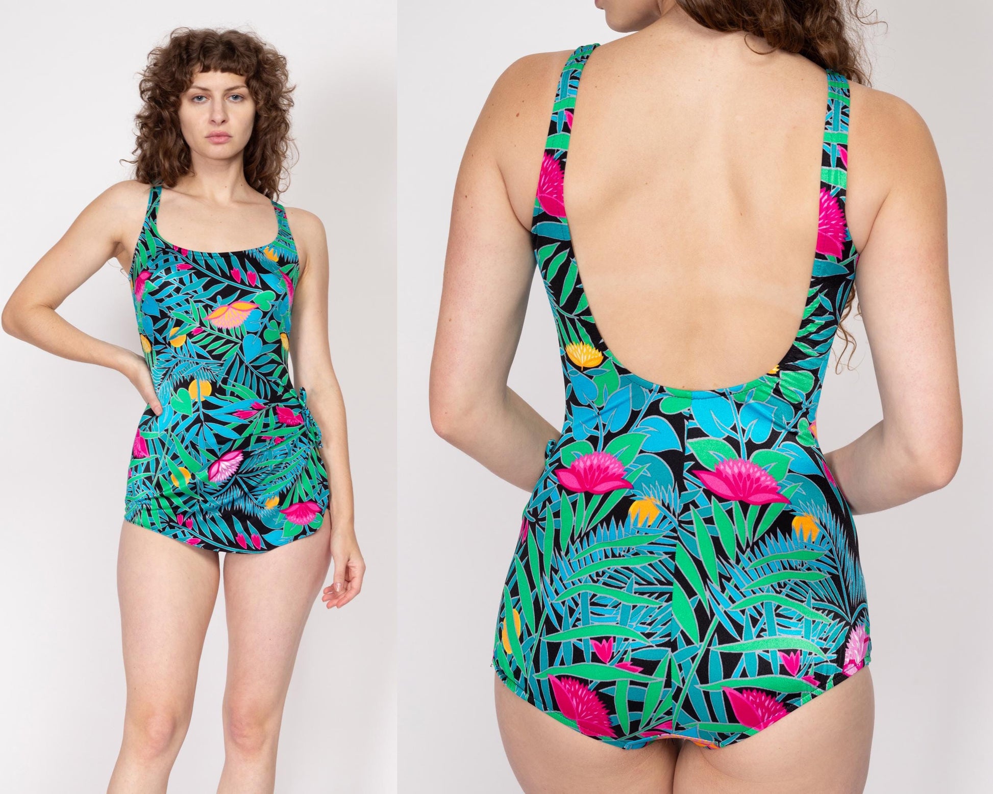 Medium 70s 80s Tropical Floral & Leaf Print One Piece Swimsuit | Vintage Low Back Blue Green Bathing Suit