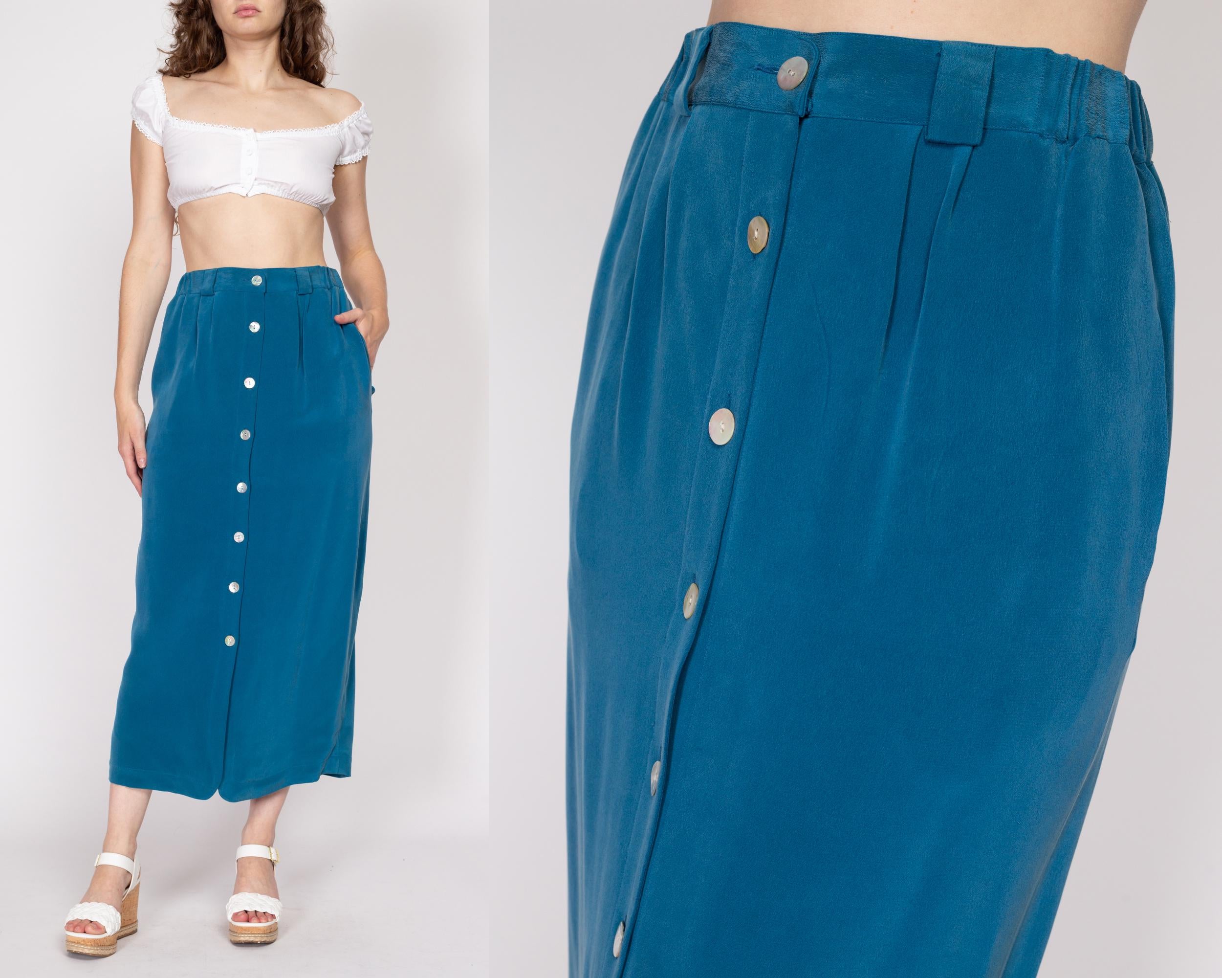 Medium 90s Blue Silk Abalone Button Maxi Skirt Flying Apple Vintage