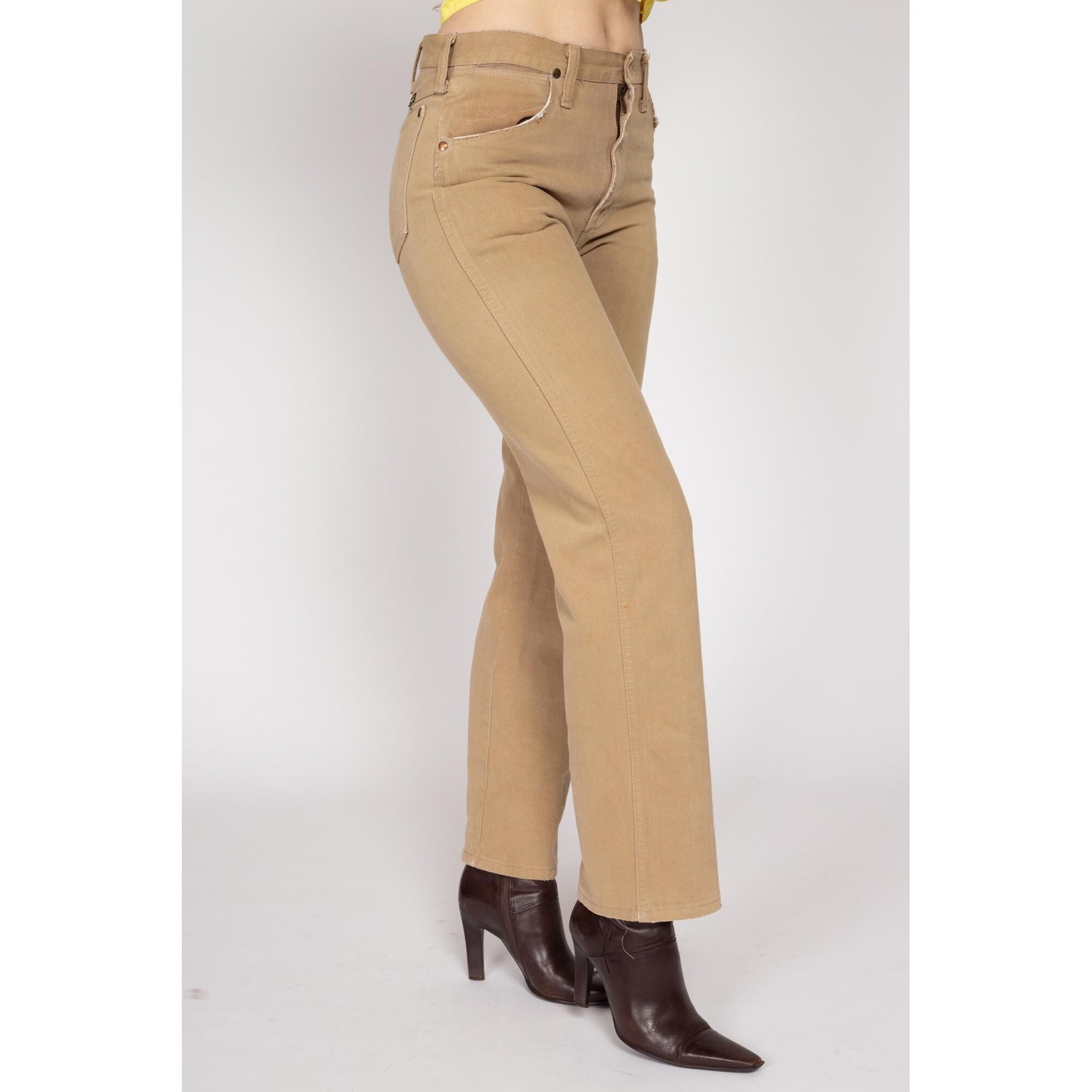 Small 70s Wrangler Tan Unisex Jeans | Vintage Denim Straight Leg Mid Rise Jeans