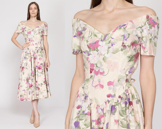 Small 80s Floral Off-Shoulder Fit & Flare Midi Dress | Vintage Basque Waist Boho Garden Party Dress