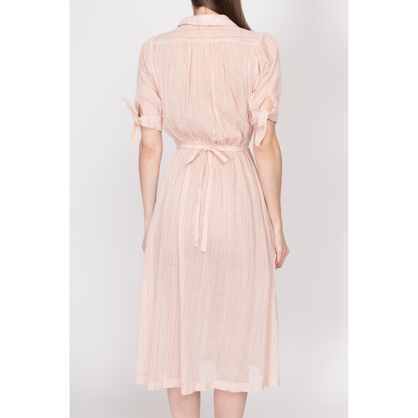 XS-Sm 70s Pastel Pink Sheer Midi Shirtdress | Vintage Striped Polka Dot Puff Sleeve Button Up Dress