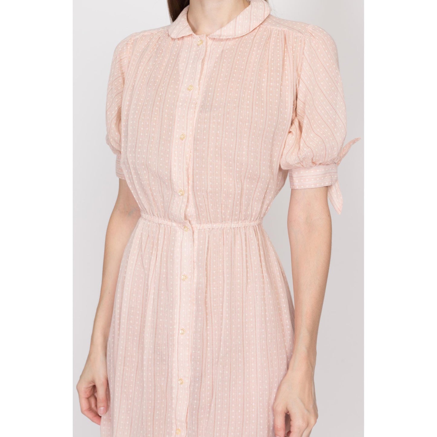 XS-Sm 70s Pastel Pink Sheer Midi Shirtdress | Vintage Striped Polka Dot Puff Sleeve Button Up Dress