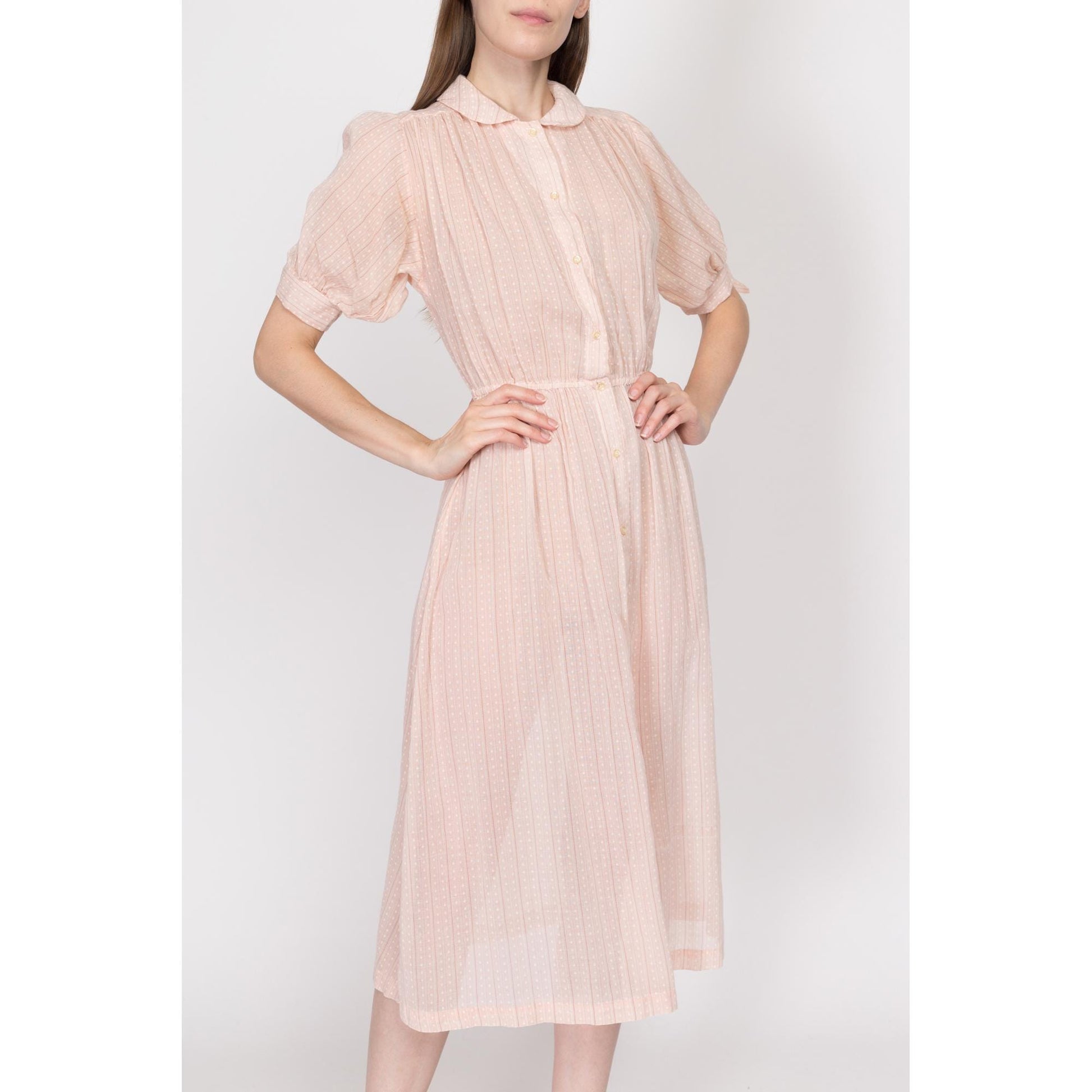 XS-Sm 70s Pastel Pink Sheer Midi Shirtdress | Vintage Striped Polka Dot Puff Sleeve Button Up Dress