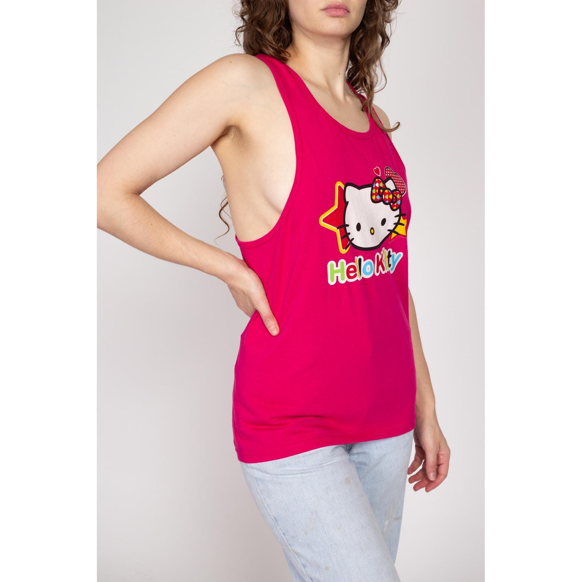 Medium 90s Hello Kitty Hot Pink Tank Top | Vintage Sanrio Cartoon Cat Graphic Shirt