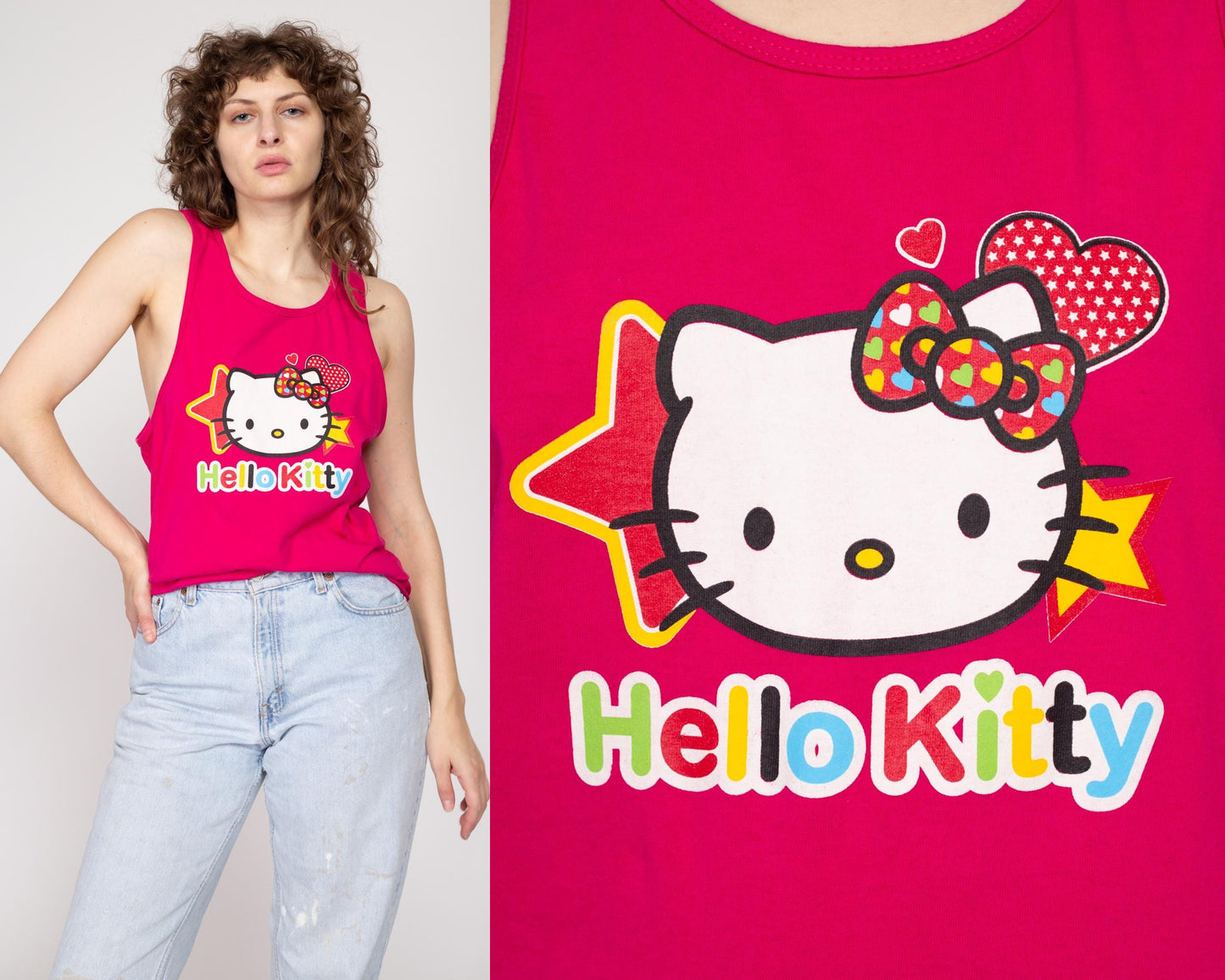 Medium 90s Hello Kitty Hot Pink Tank Top | Vintage Sanrio Cartoon Cat Graphic Shirt