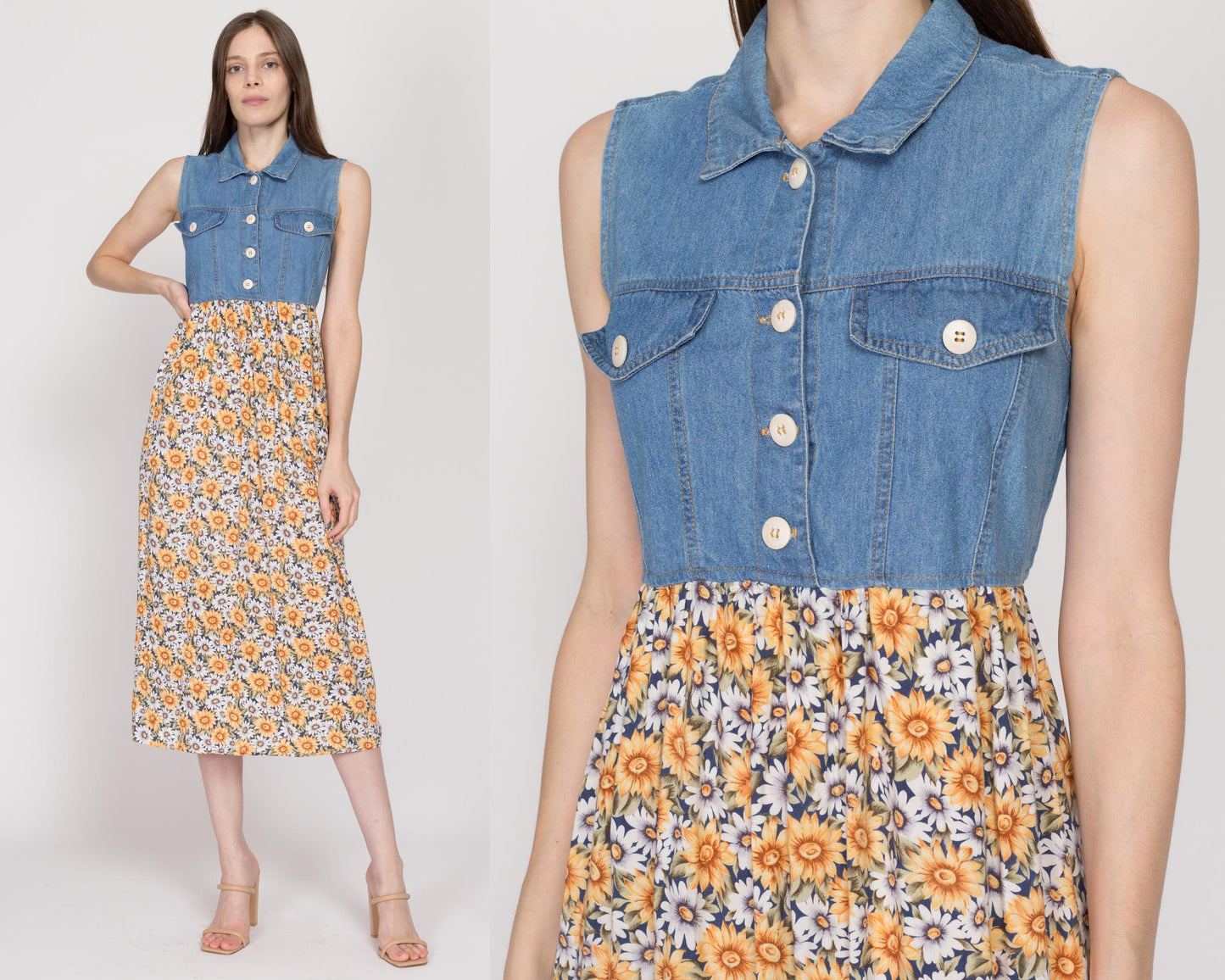 Small 90s Daisy Floral & Chambray Midi Dress | Vintage Denim Bodice Boho Tie Back Sundress