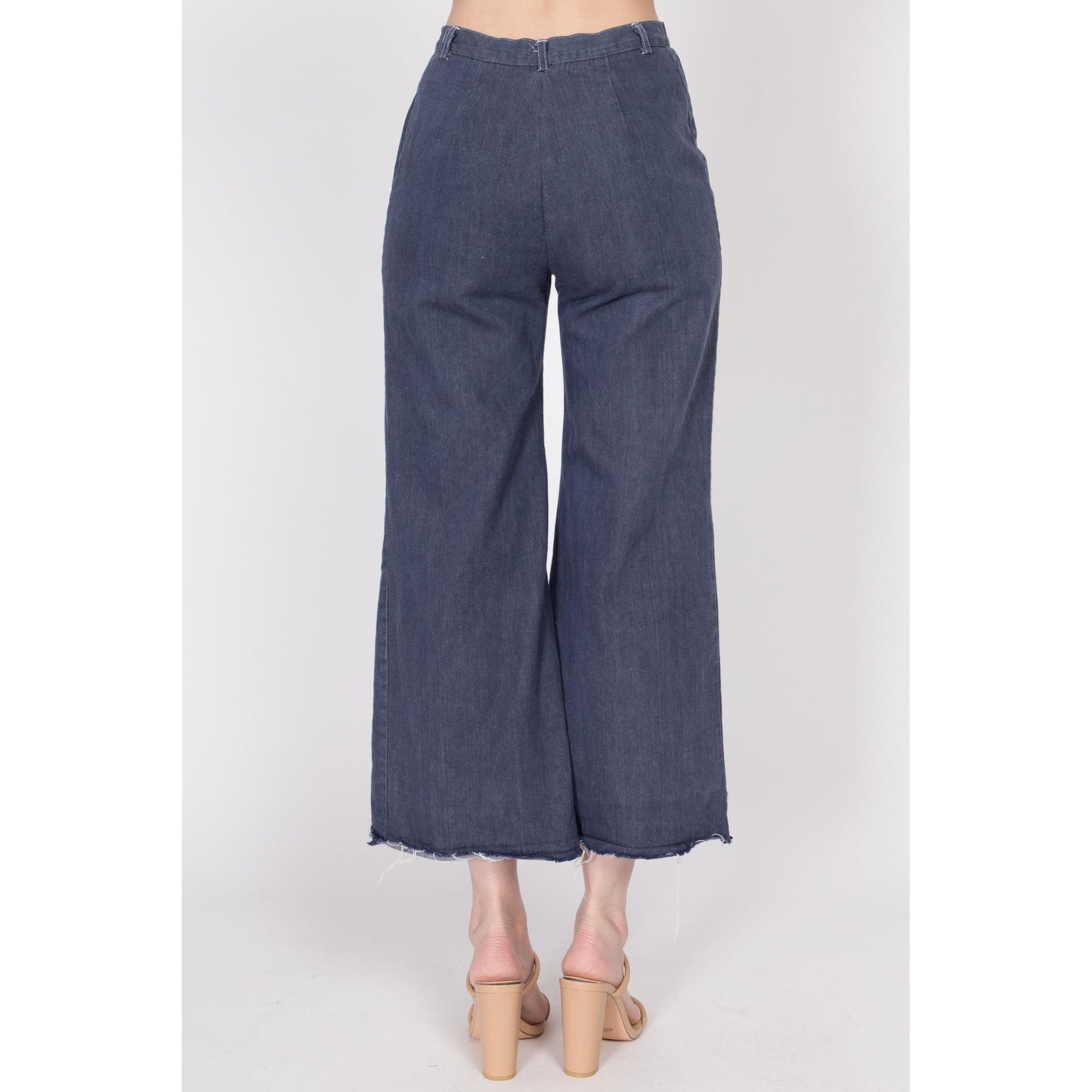 Small 70s Dark Wash Cut Off Sailor Jeans 27" | Vintage Alice Blaine High Waisted Chambray Denim Boho Flared Leg Jeans