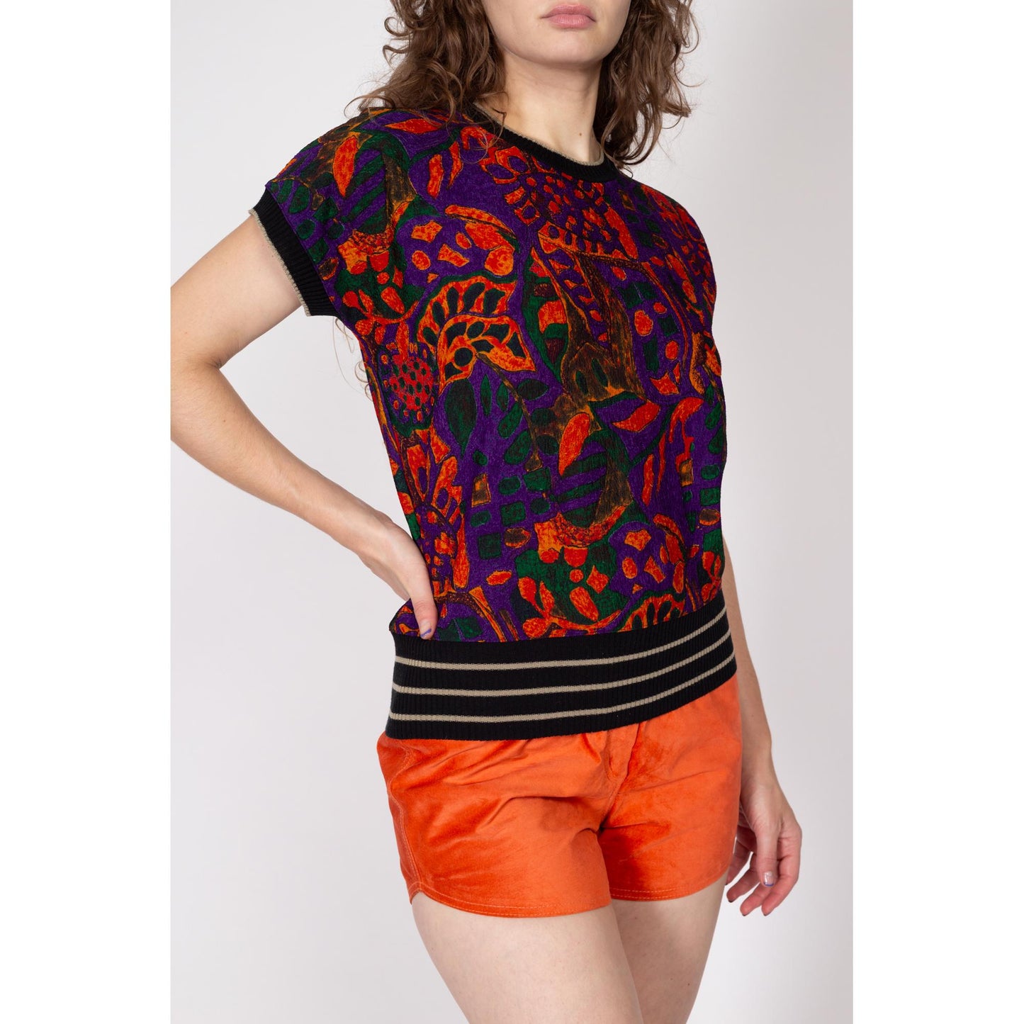 Medium 90s Purple & Orange Batik Abstract Print Top | Vintage Boho Short Sleeve Striped Knit Trim Shirt