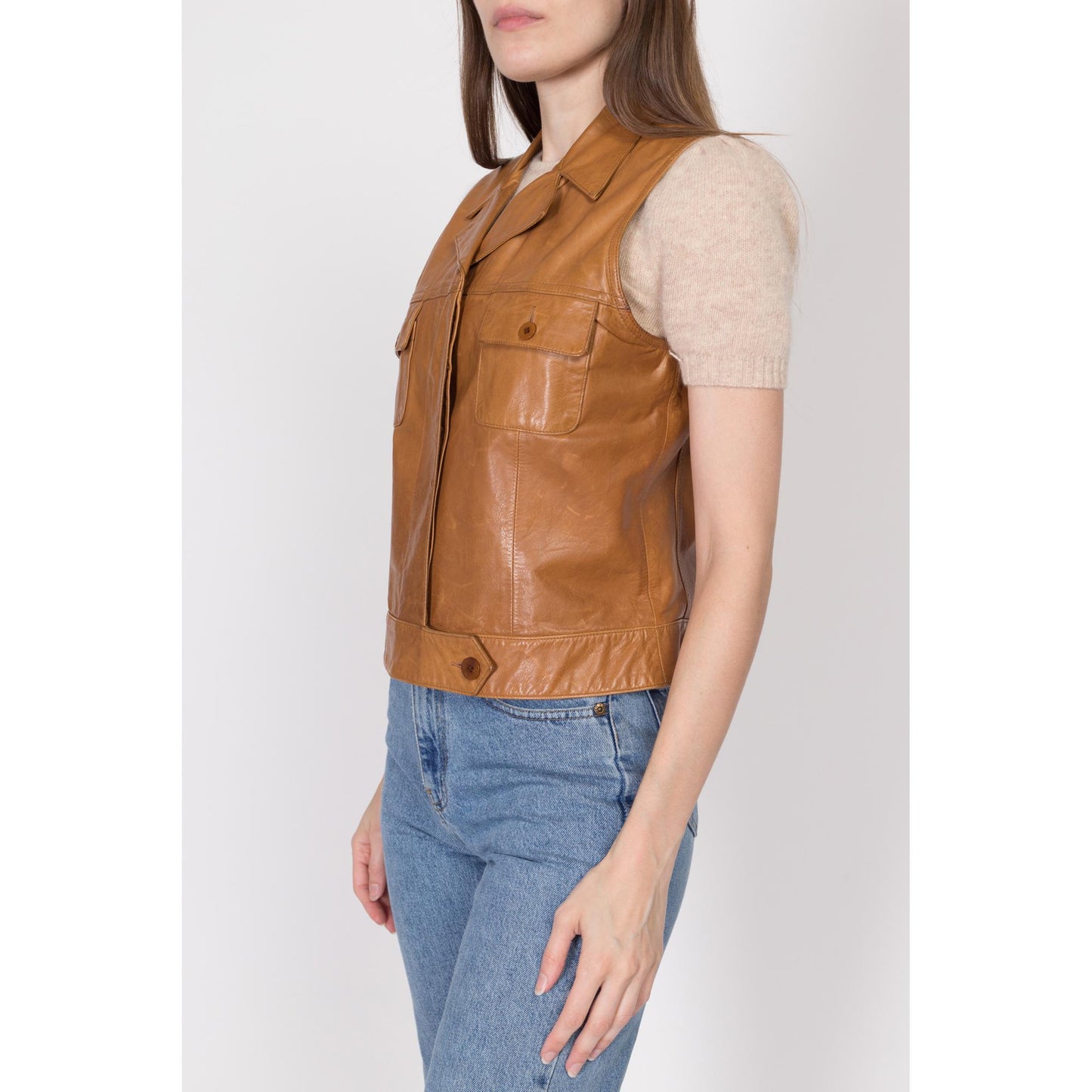 Medium 90s Ralph Lauren Sport Caramel Brown Leather Vest | Vintage Button Up Sleeveless Top