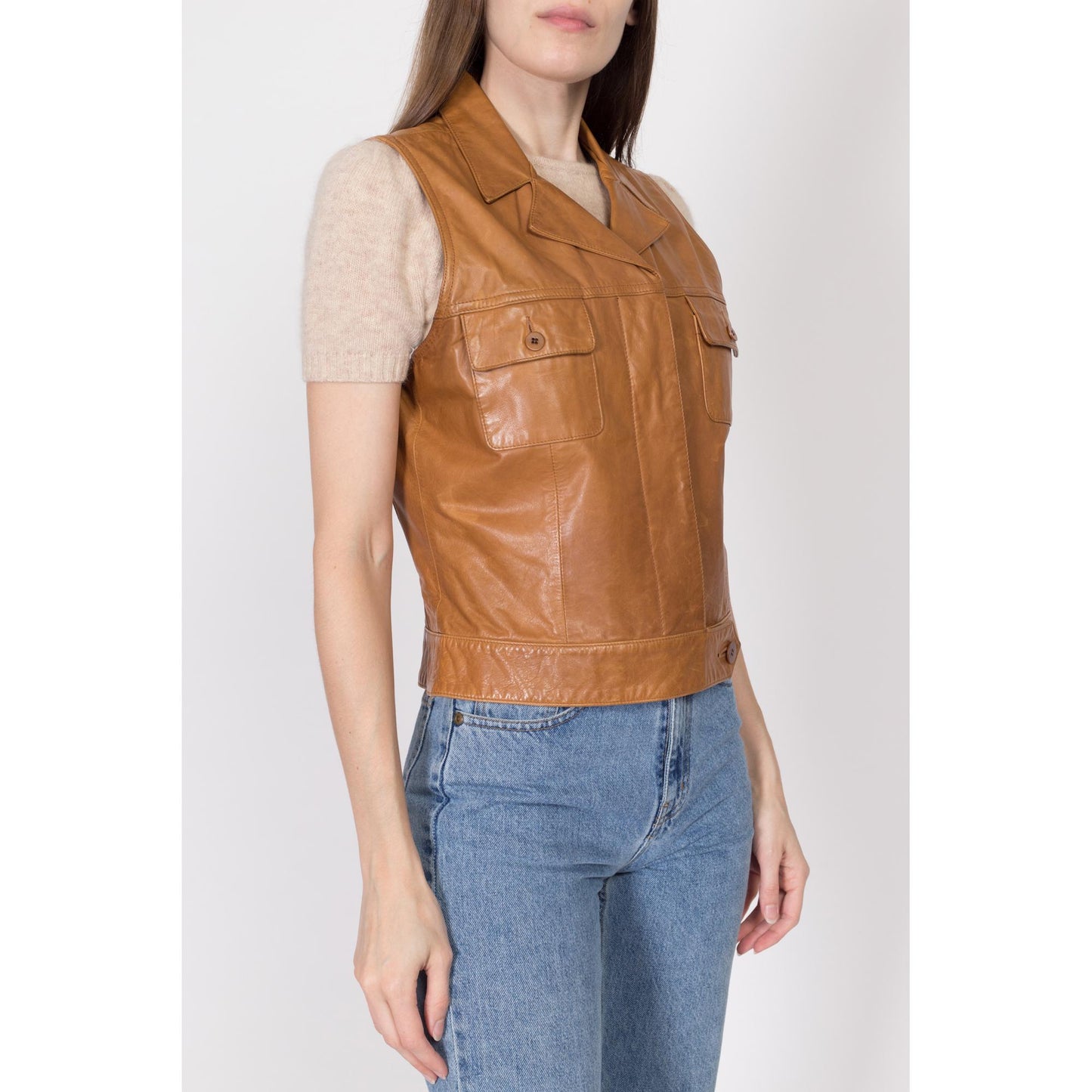 Medium 90s Ralph Lauren Sport Caramel Brown Leather Vest | Vintage Button Up Sleeveless Top