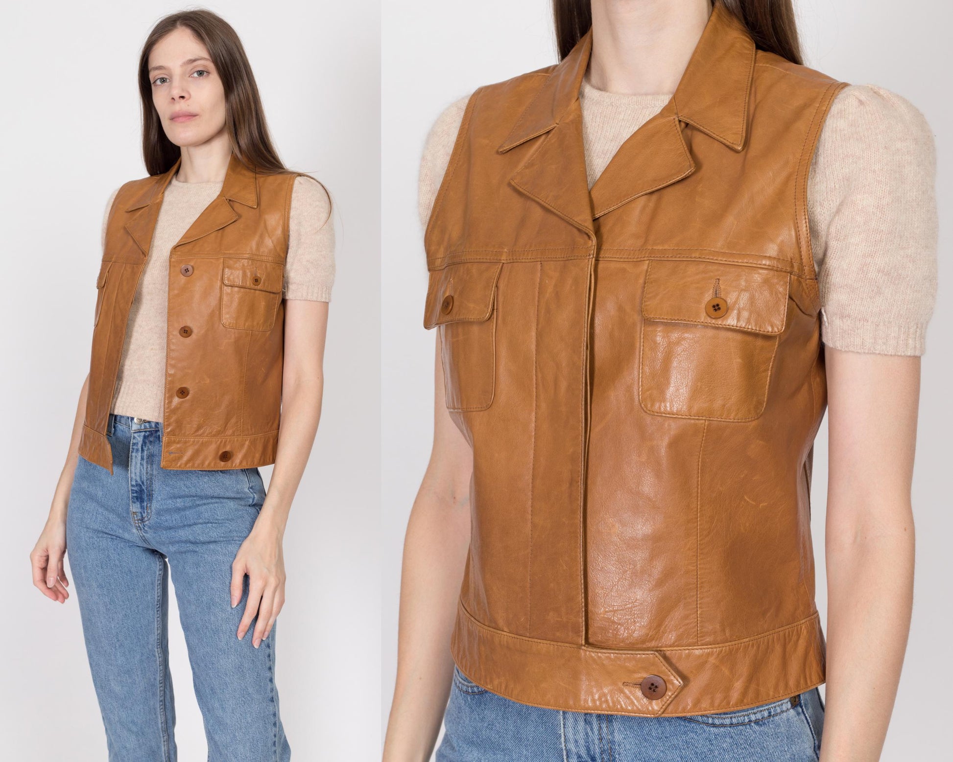 Medium 90s Ralph Lauren Sport Caramel Brown Leather Vest | Vintage Button Up Sleeveless Top