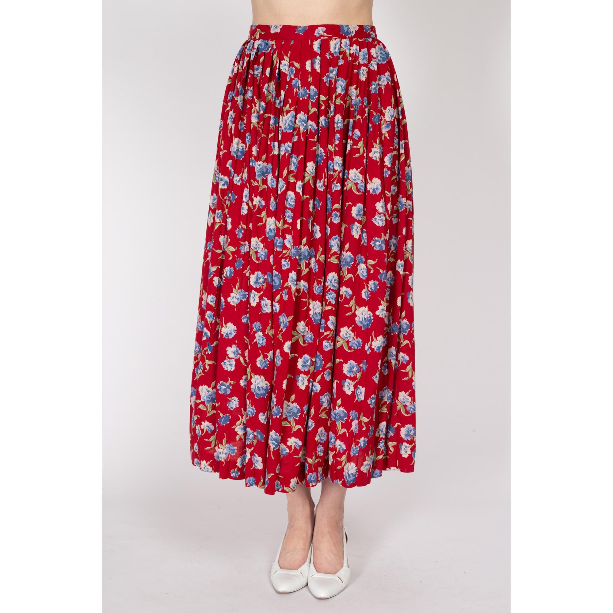 Medium 90s Ralph Lauren Red Floral Rayon Maxi Skirt Flying Apple Vintage