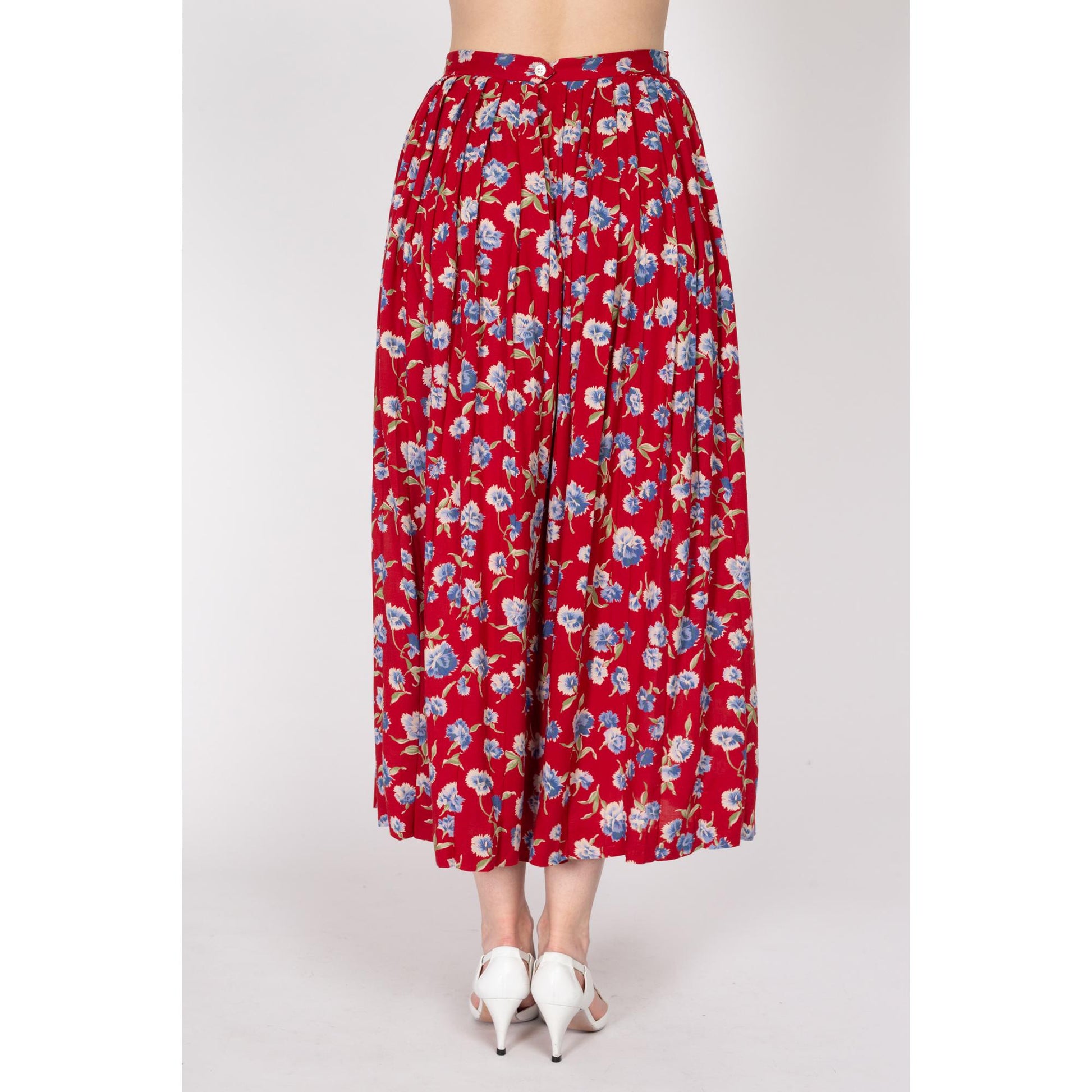 Medium 90s Ralph Lauren Red Floral Rayon Maxi Skirt | Vintage Boho Pleated High Waisted Flowy Skirt