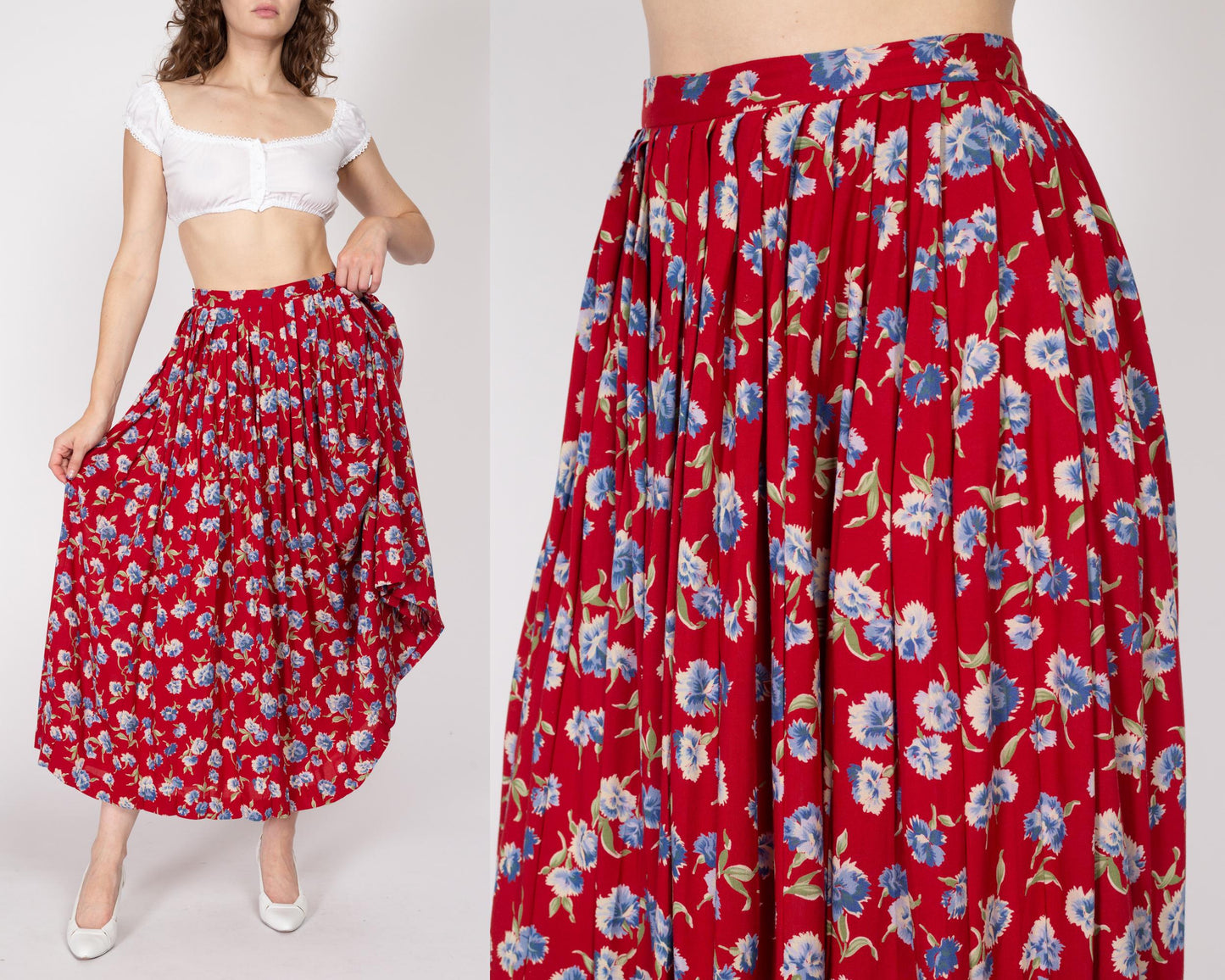 Medium 90s Ralph Lauren Red Floral Rayon Maxi Skirt | Vintage Boho Pleated High Waisted Flowy Skirt