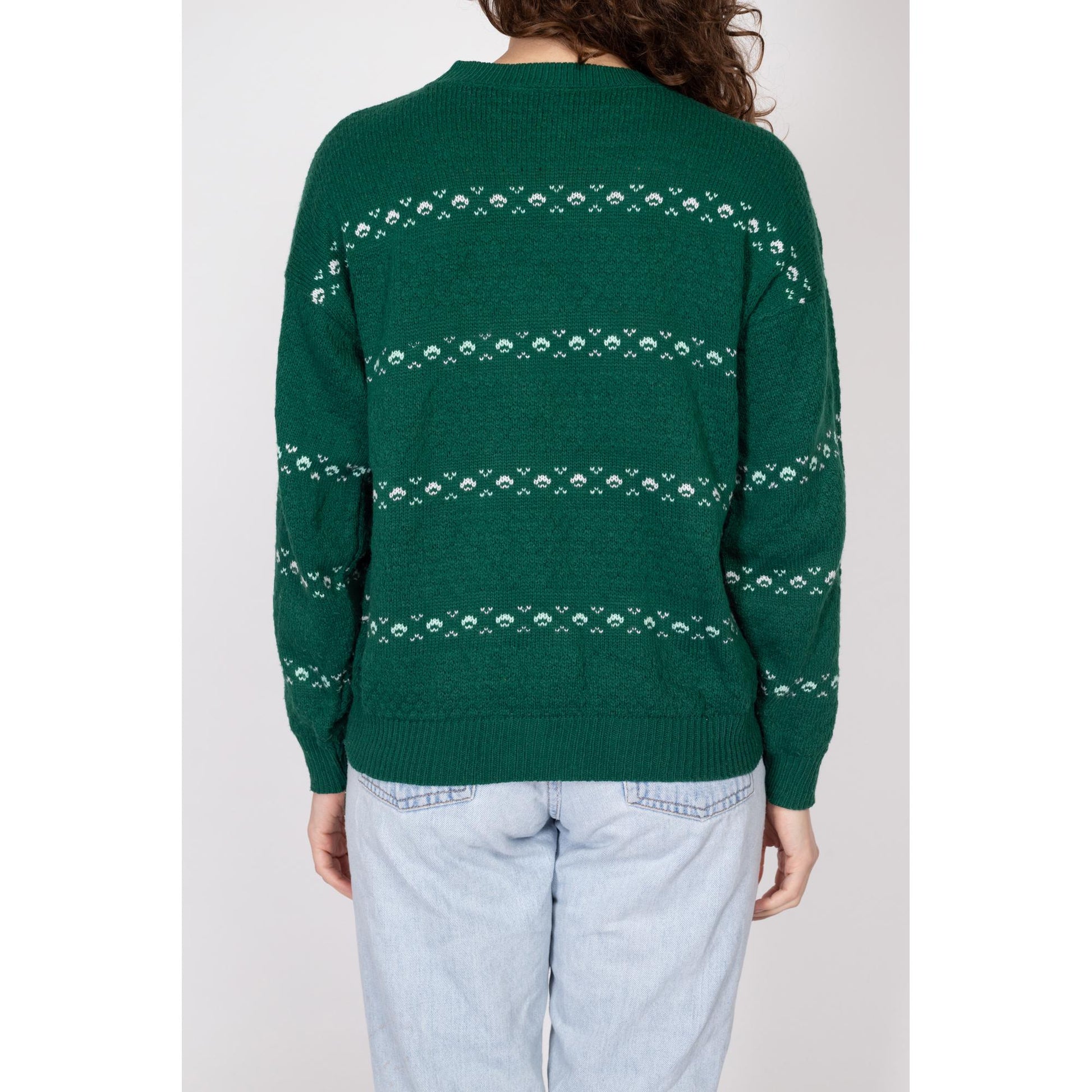 Large 80s Shamrock Green Striped Knit Sweater | Vintage Long Sleeved Pullover Jumper