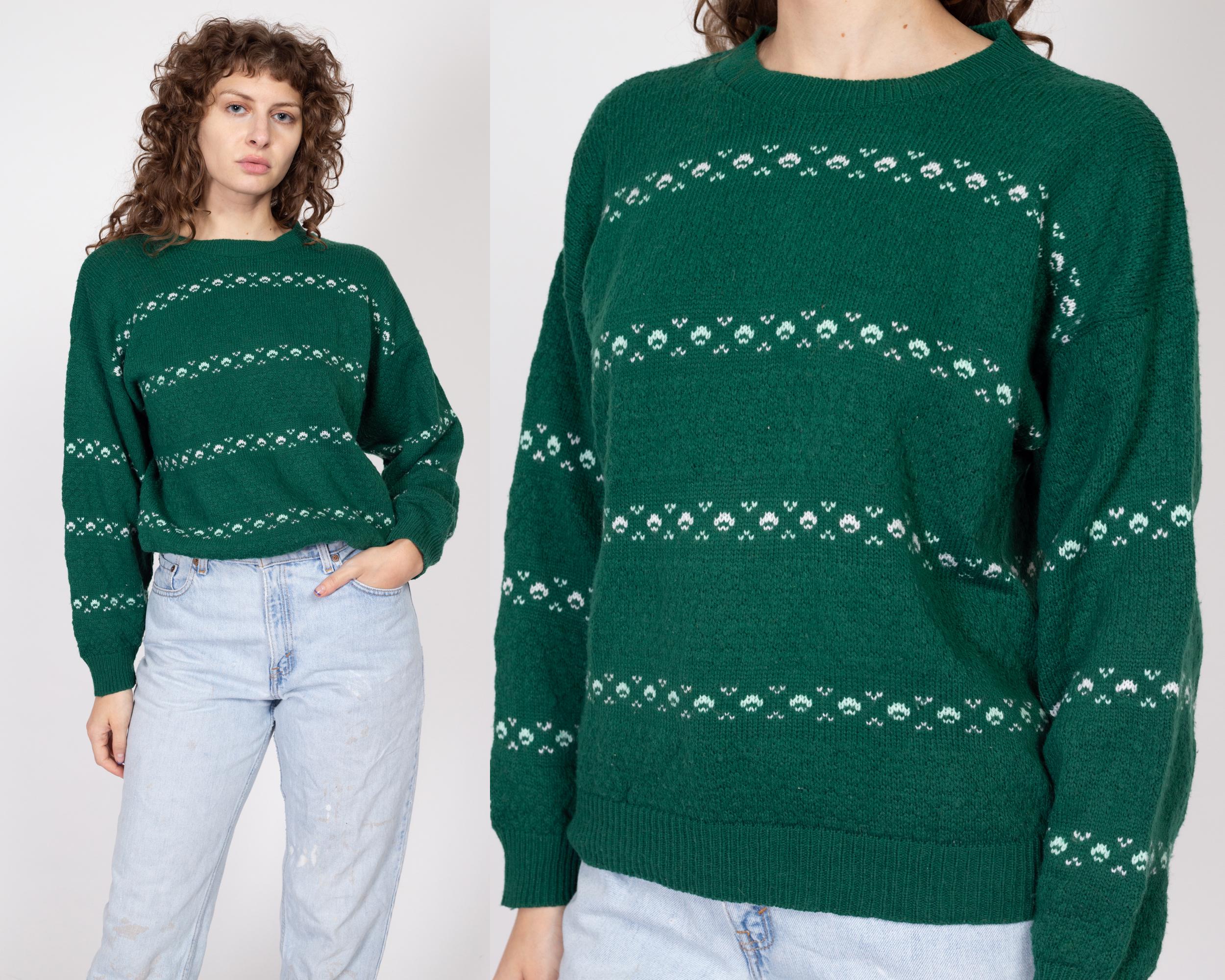 Large 80s Shamrock Green Striped Knit Sweater