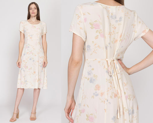 Medium 90s Cream Floral Tie Back Midi Dress | Vintage Short Sleeve Boho Rayon Sundress