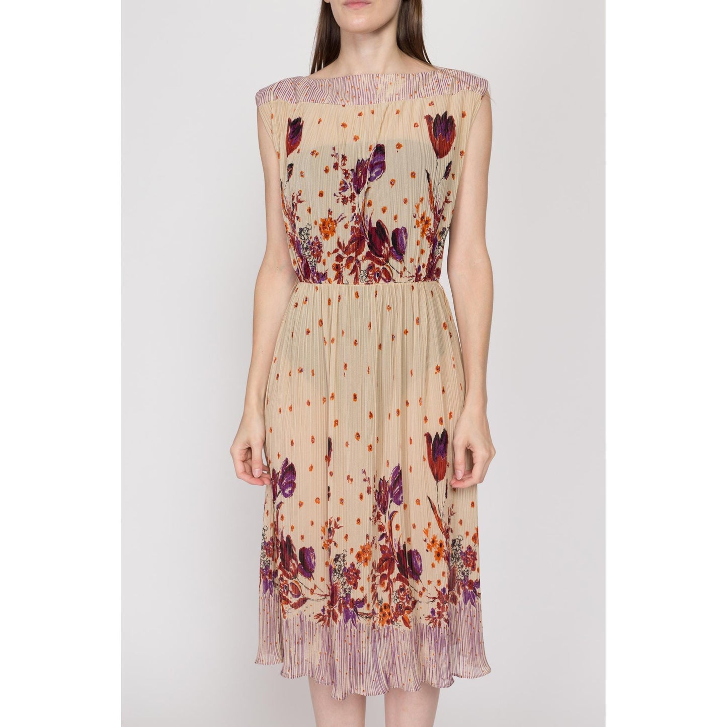 Med-Lrg 70s Tan Floral Plisse Midi Dress | Vintage Sheer Cap Sleeve Boho Pleated Dress