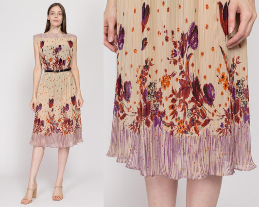 Med-Lrg 70s Tan Floral Plisse Midi Dress | Vintage Sheer Cap Sleeve Boho Pleated Dress