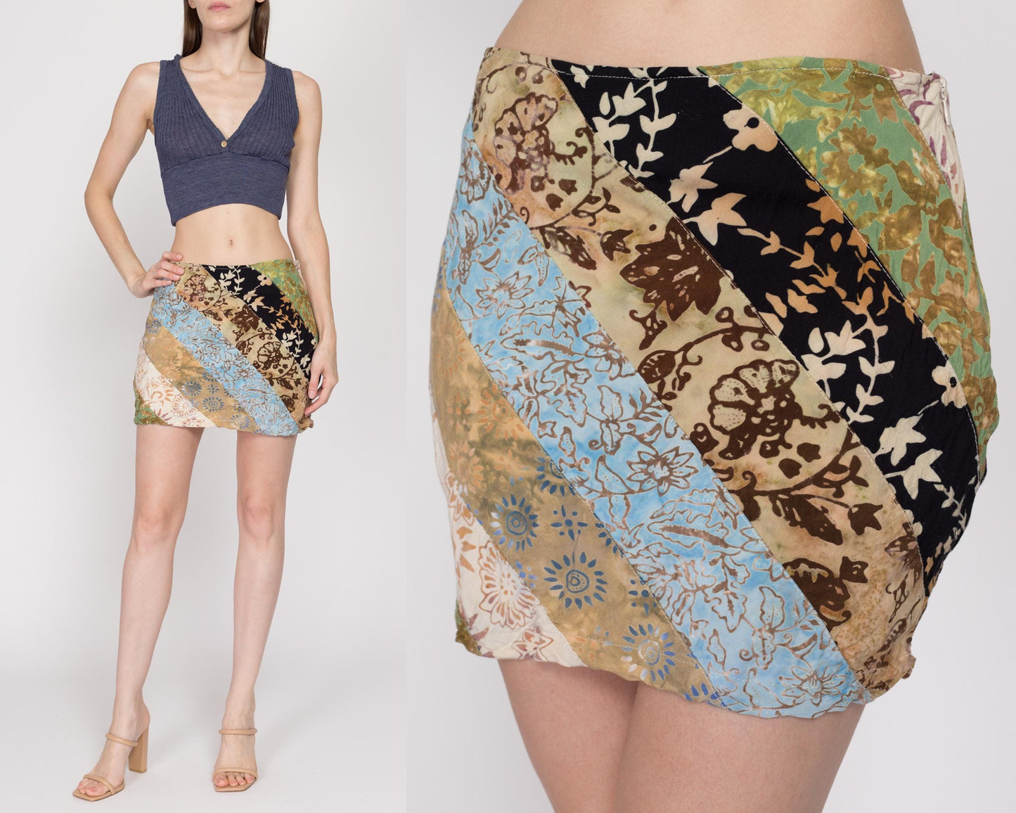 Small 90s Boho Batik Rayon Patchwork Mini Skirt | Vintage Mid Rise A Line Hippie Floral Skirt