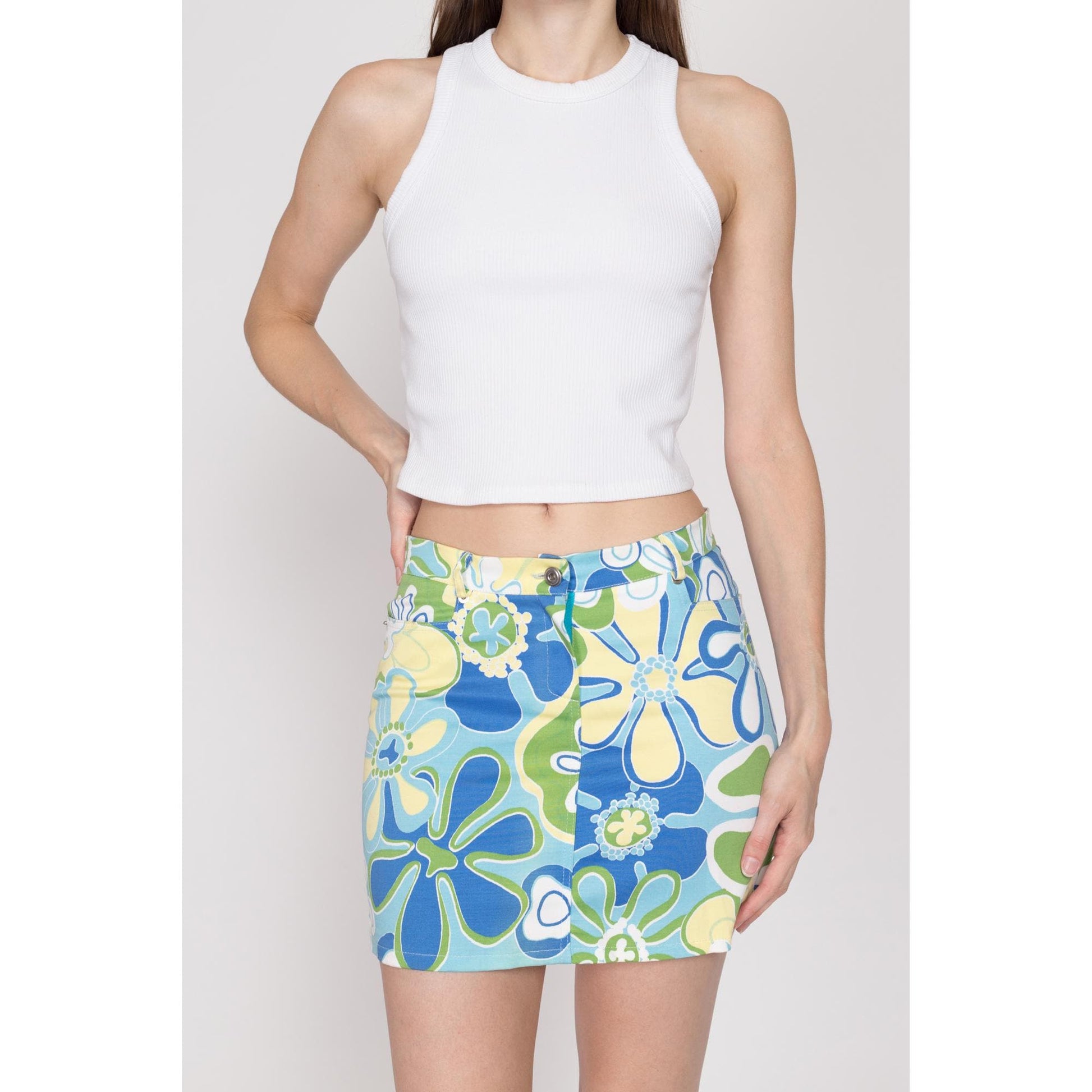 XS-Sm Y2K Flower Power Mid Rise Mini Skirt | Vintage Blue Green Yellow A Line Boho Floral Skirt