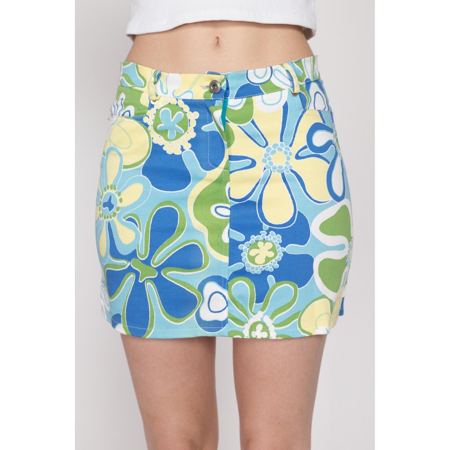 XS-Sm Y2K Flower Power Mid Rise Mini Skirt | Vintage Blue Green Yellow A Line Boho Floral Skirt