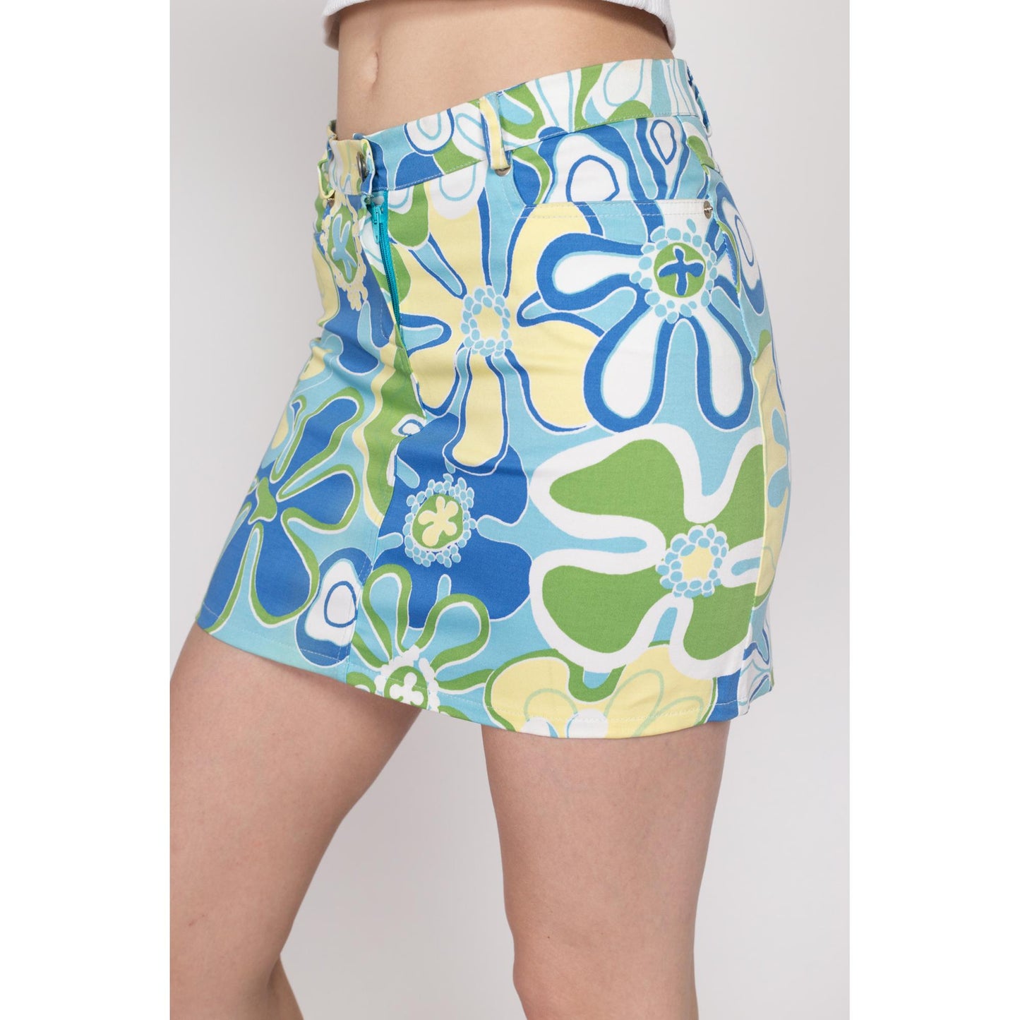 XS-Sm Y2K Flower Power Mid Rise Mini Skirt | Vintage Blue Green Yellow A Line Boho Floral Skirt