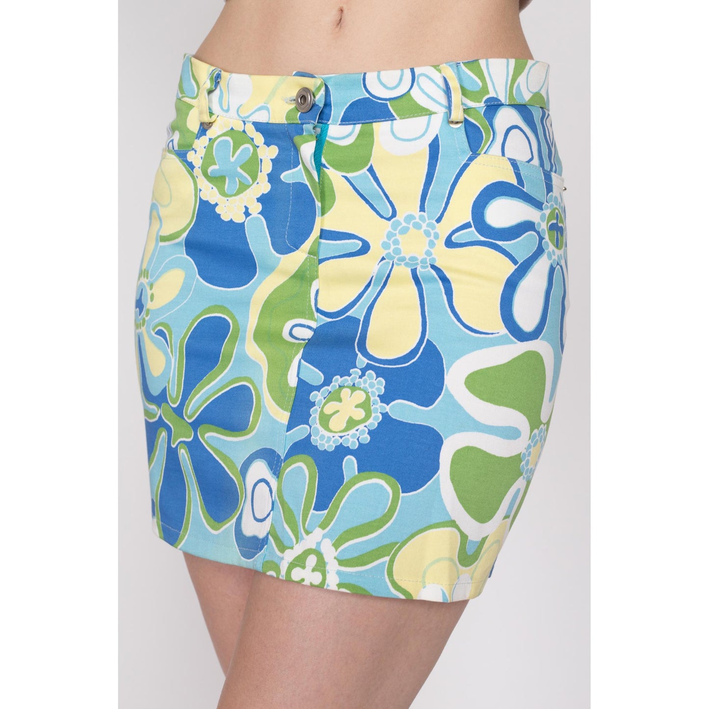 XS-Sm Y2K Flower Power Mid Rise Mini Skirt | Vintage Blue Green Yellow A Line Boho Floral Skirt