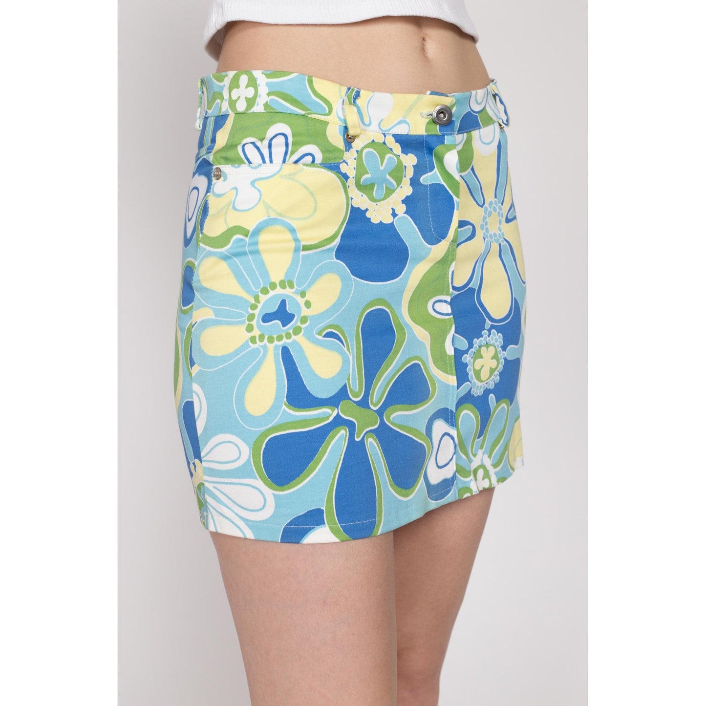 XS-Sm Y2K Flower Power Mid Rise Mini Skirt | Vintage Blue Green Yellow A Line Boho Floral Skirt