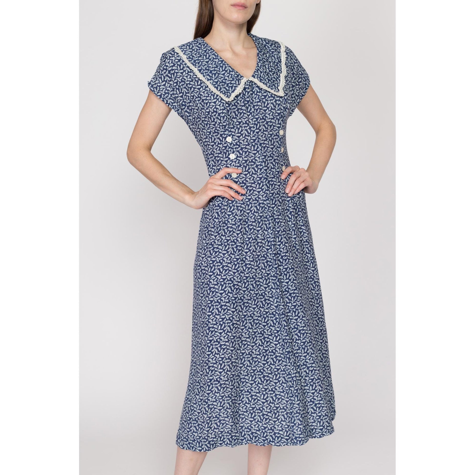 Small 80s Does 40s Blue Floral Midi Dress | Vintage Lace Trim Chelsea Collar Cap Sleeve Tie Back Secretary Dress