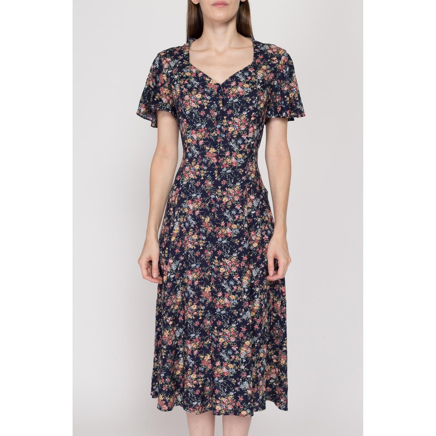 Medium 90s Navy Blue Floral Tie Back Midi Dress | Vintage Button Front Flutter Sleeve Boho Grunge Sundress