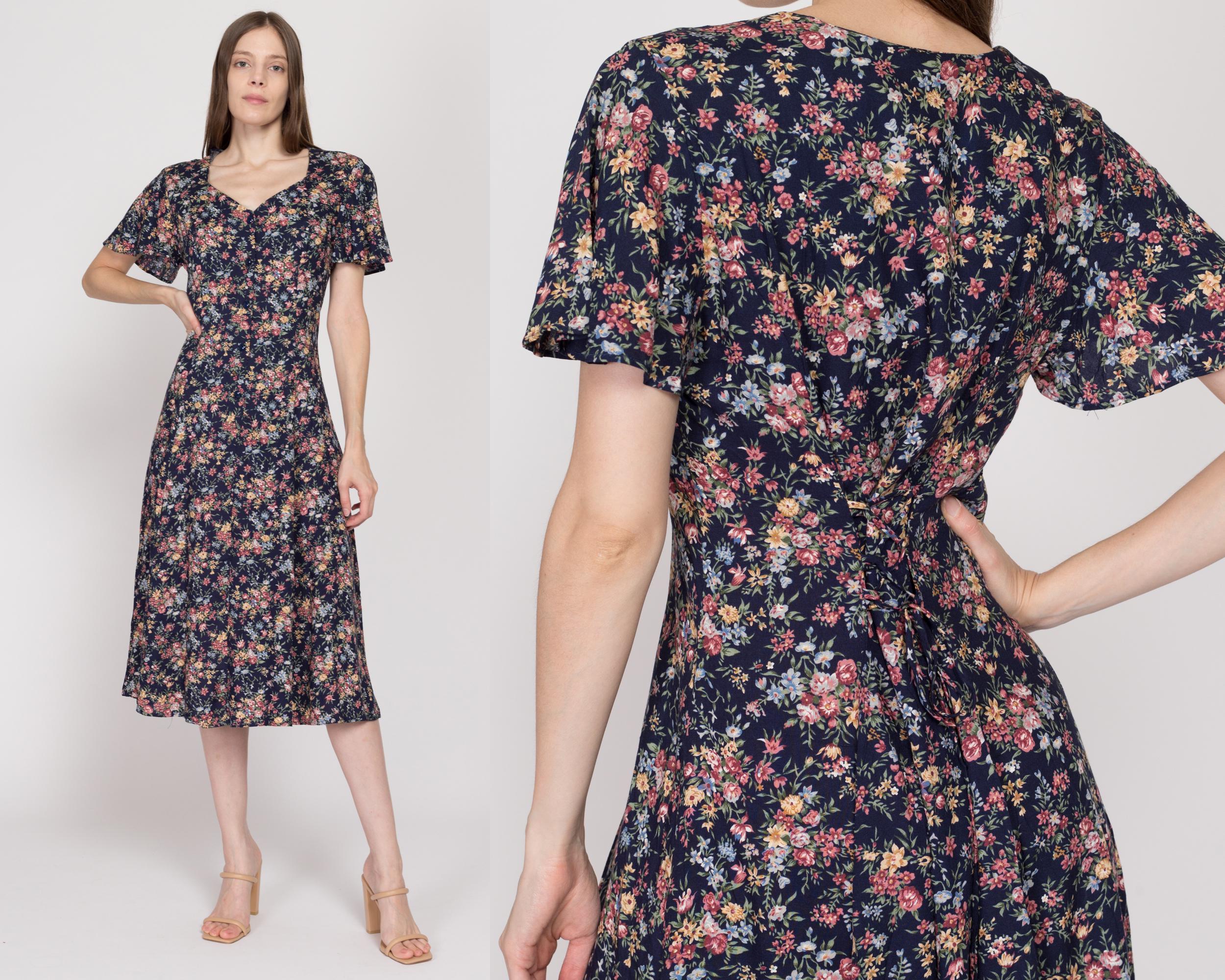 Large- Size 12 newest | 1990's Vintage Navy Floral Dress by Paquette Too!