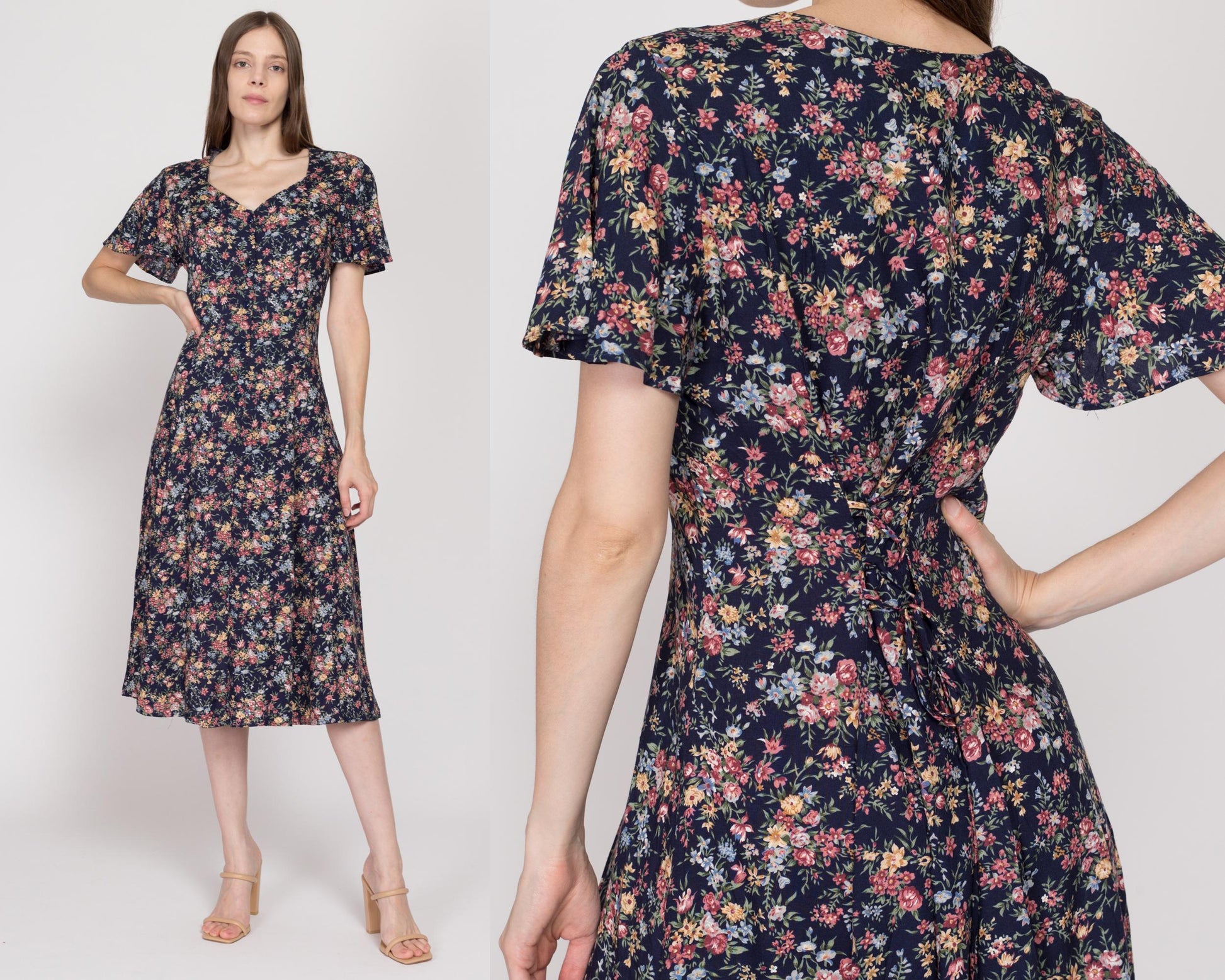 Medium 90s Navy Blue Floral Tie Back Midi Dress | Vintage Button Front Flutter Sleeve Boho Grunge Sundress