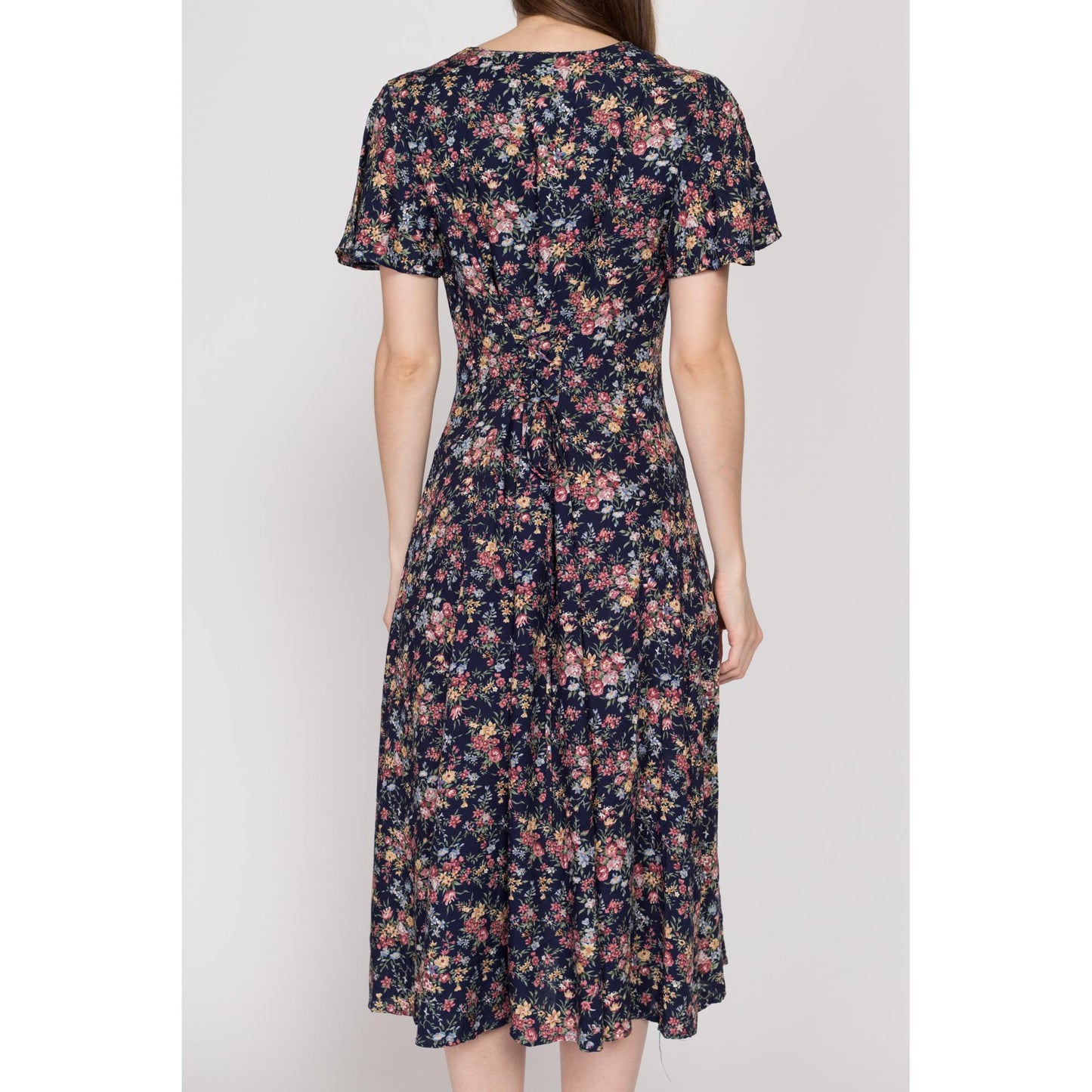 Medium 90s Navy Blue Floral Tie Back Midi Dress | Vintage Button Front Flutter Sleeve Boho Grunge Sundress