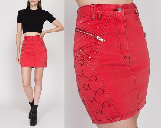 Small 90s Red Denim Embellished Mini Skirt 27" | Vintage High Waisted Bejeweled Studded Jean Pencil Skirt